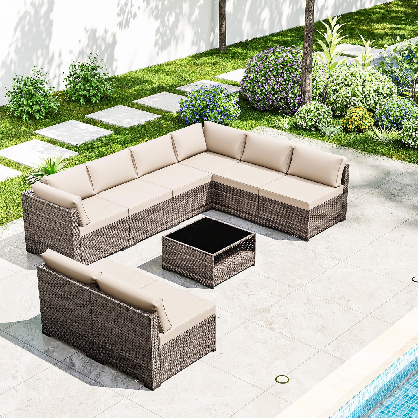 Joyside 5-Piece Patio Furniture Set, Rattan Outdoor Sectional Wicker Patio Conversation Set with Cushions and Coffee Table