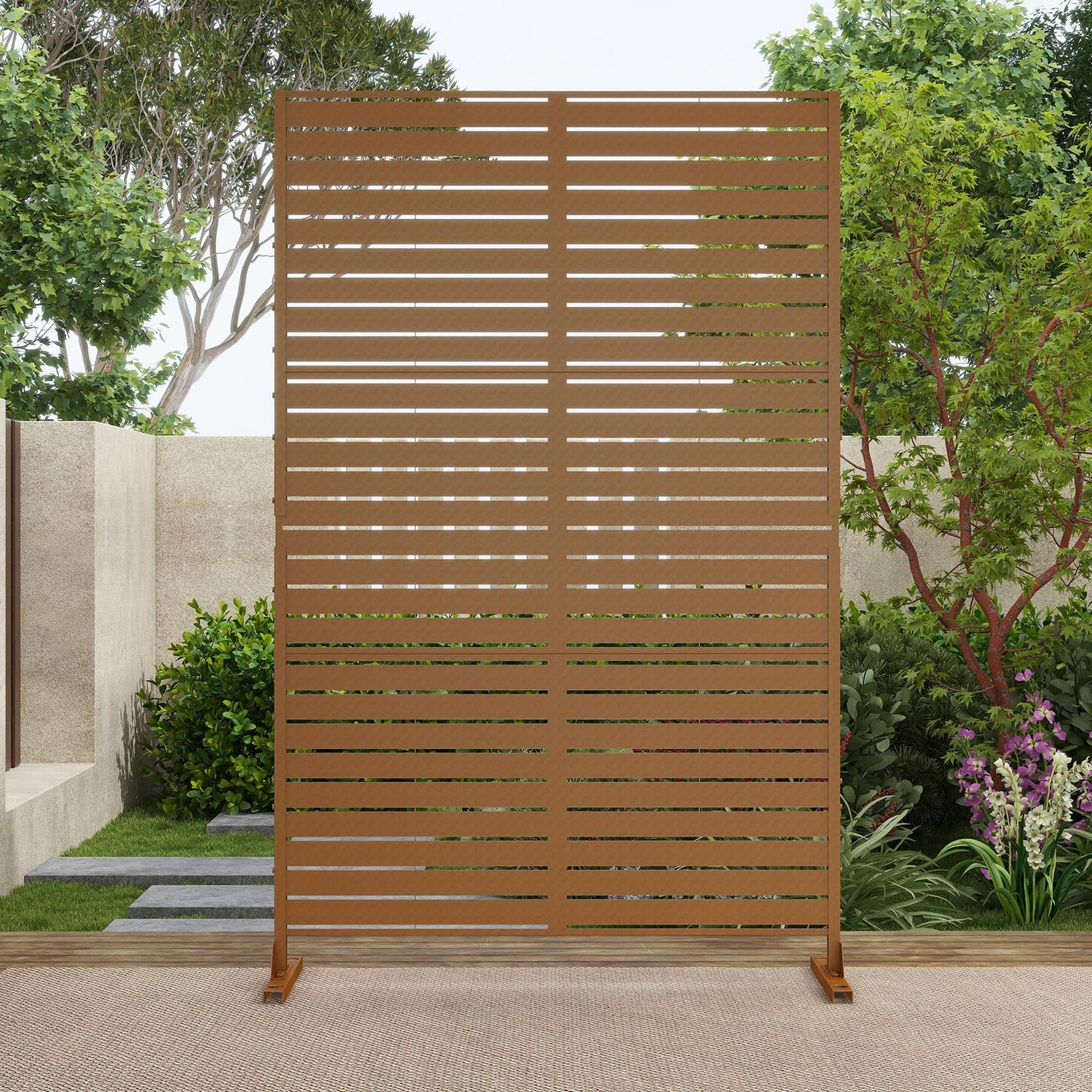 Outdoor Metal Privacy Screen with Stand, 72" H x 47" W Freestanding Outdoor Patio Divider, Decorative Patio Privacy Fence Panel for Garden Backyard Balcony Porch (Brown-Crossbanding)