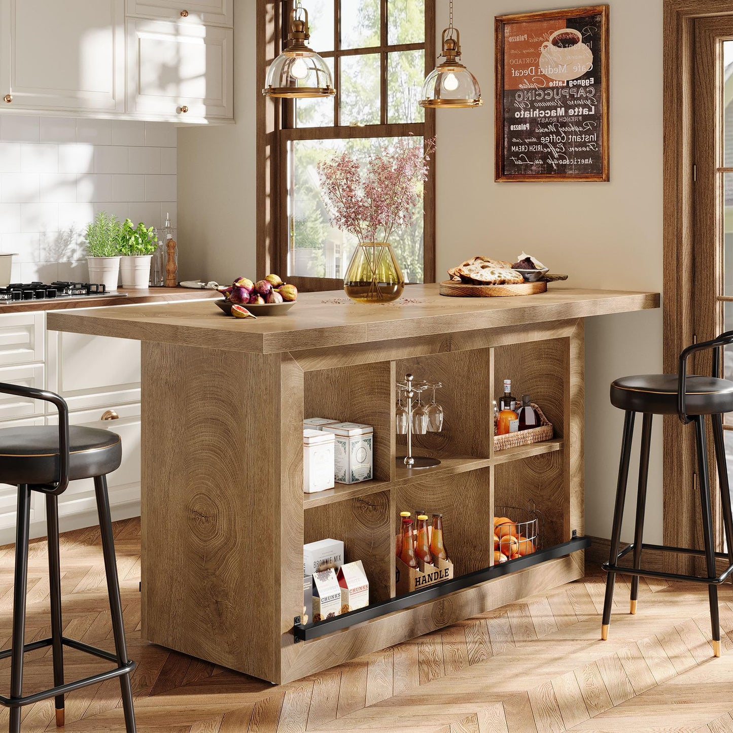 Tribesigns Kitchen Island with Storage, Counter Height Kitchen Island Table with 6 Open Cubbies and Footrests, Coffee Bar Table for Dining Room, Black&Brown