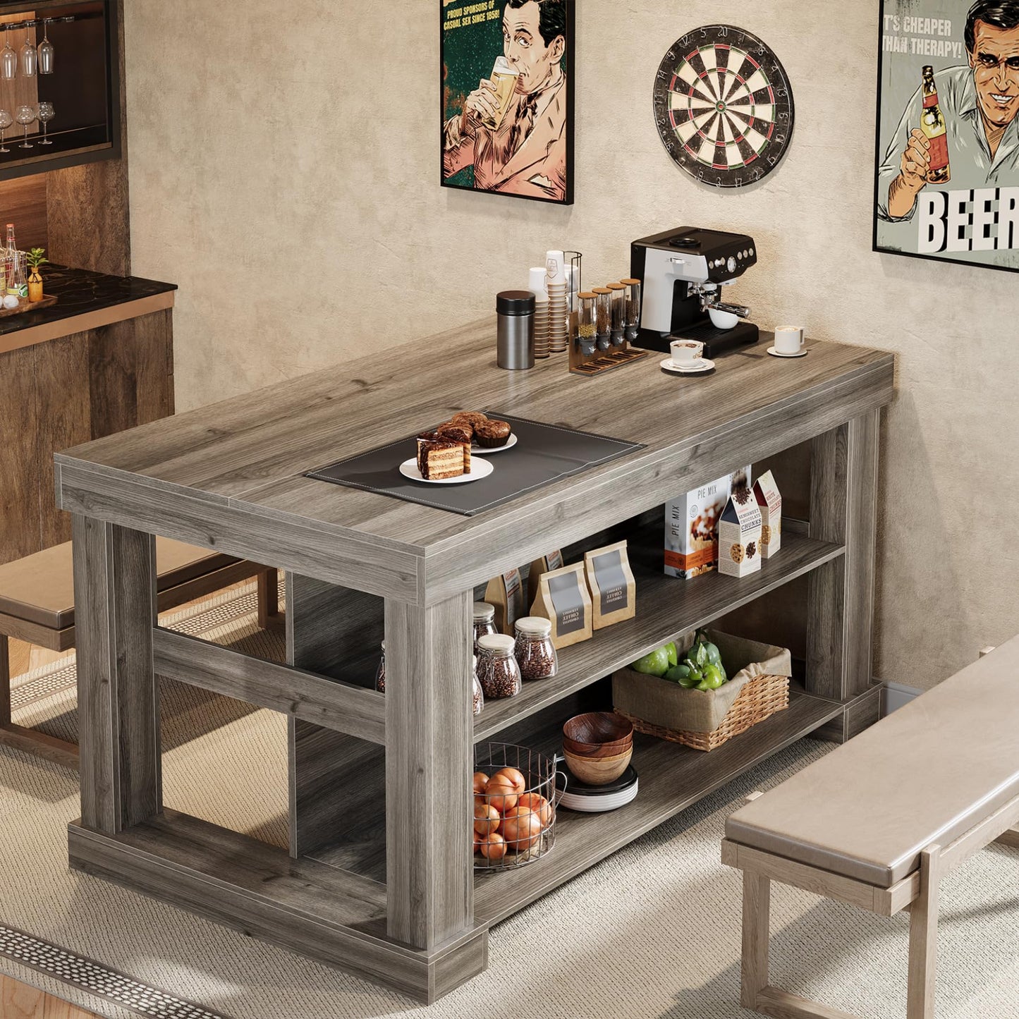 Tribesigns 55" Kitchen Island with Seating and Storage, 3-Tier Farmhouse Wood Stationary Island Table with Large Worktop & Leg Room, Coffee Bar Table with Storage Shelves for Kitchen, White and Brown