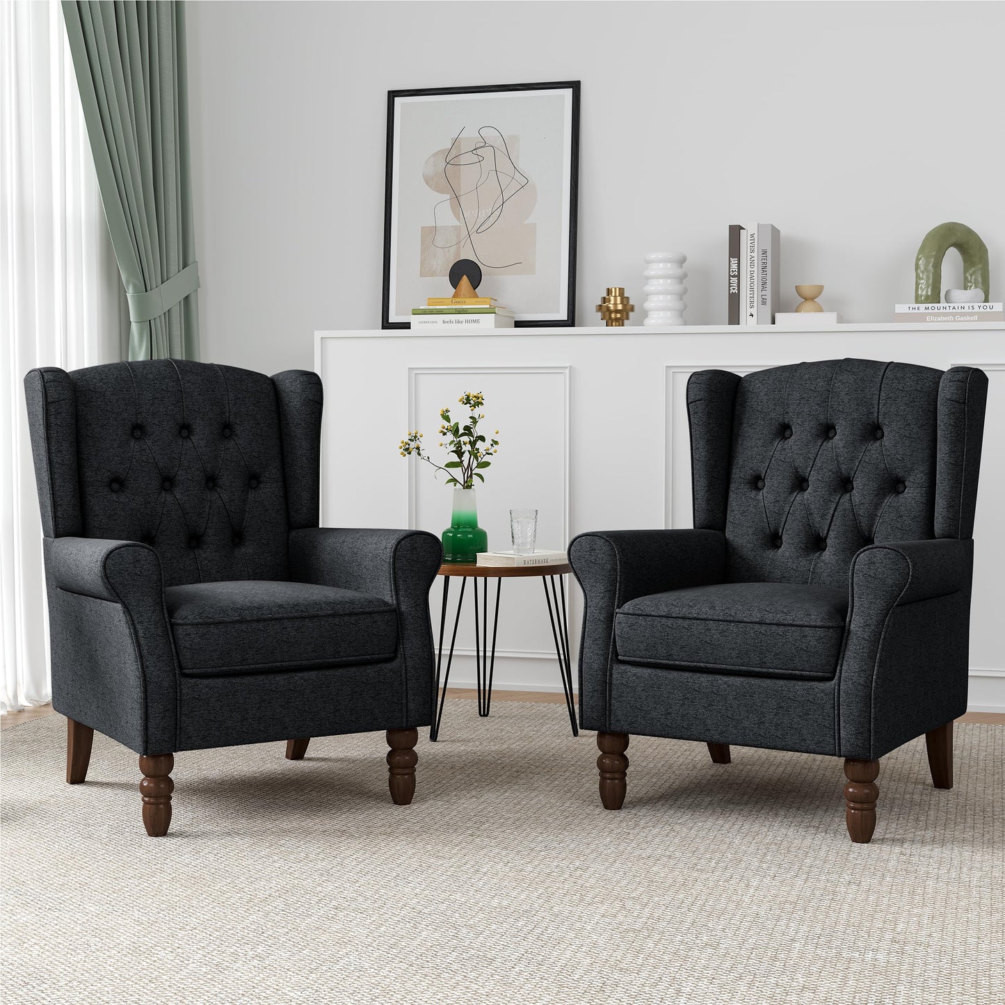 Faux Leather Wingback Chairs Set of 2, High Back Accent Chair for Living Room, Button-Tufted Upholstered Armchair with Solid Wood Legs, Comfy Reading Chair for Bedroom, Brown