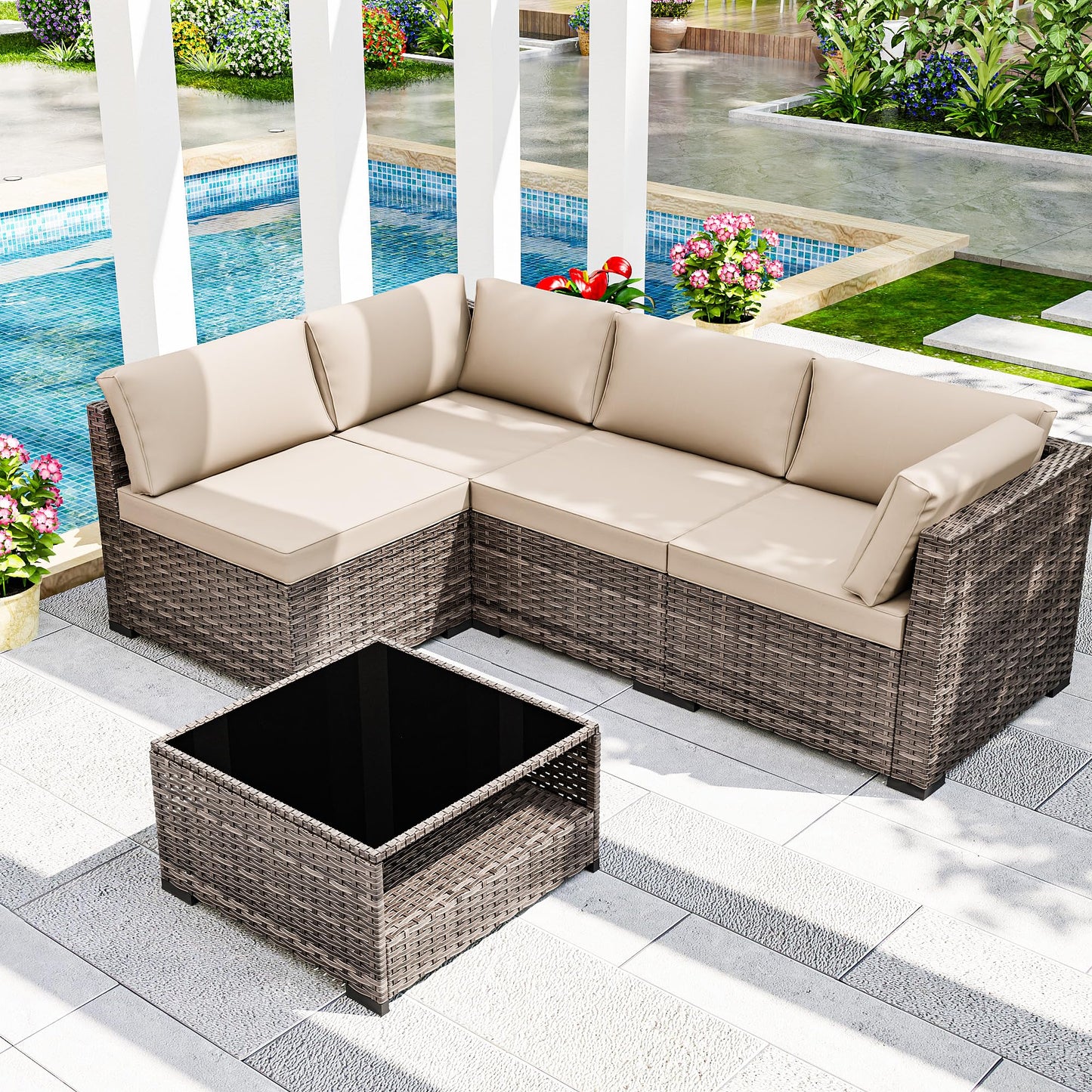 Joyside 5-Piece Patio Furniture Set, Rattan Outdoor Sectional Wicker Patio Conversation Set with Cushions and Coffee Table