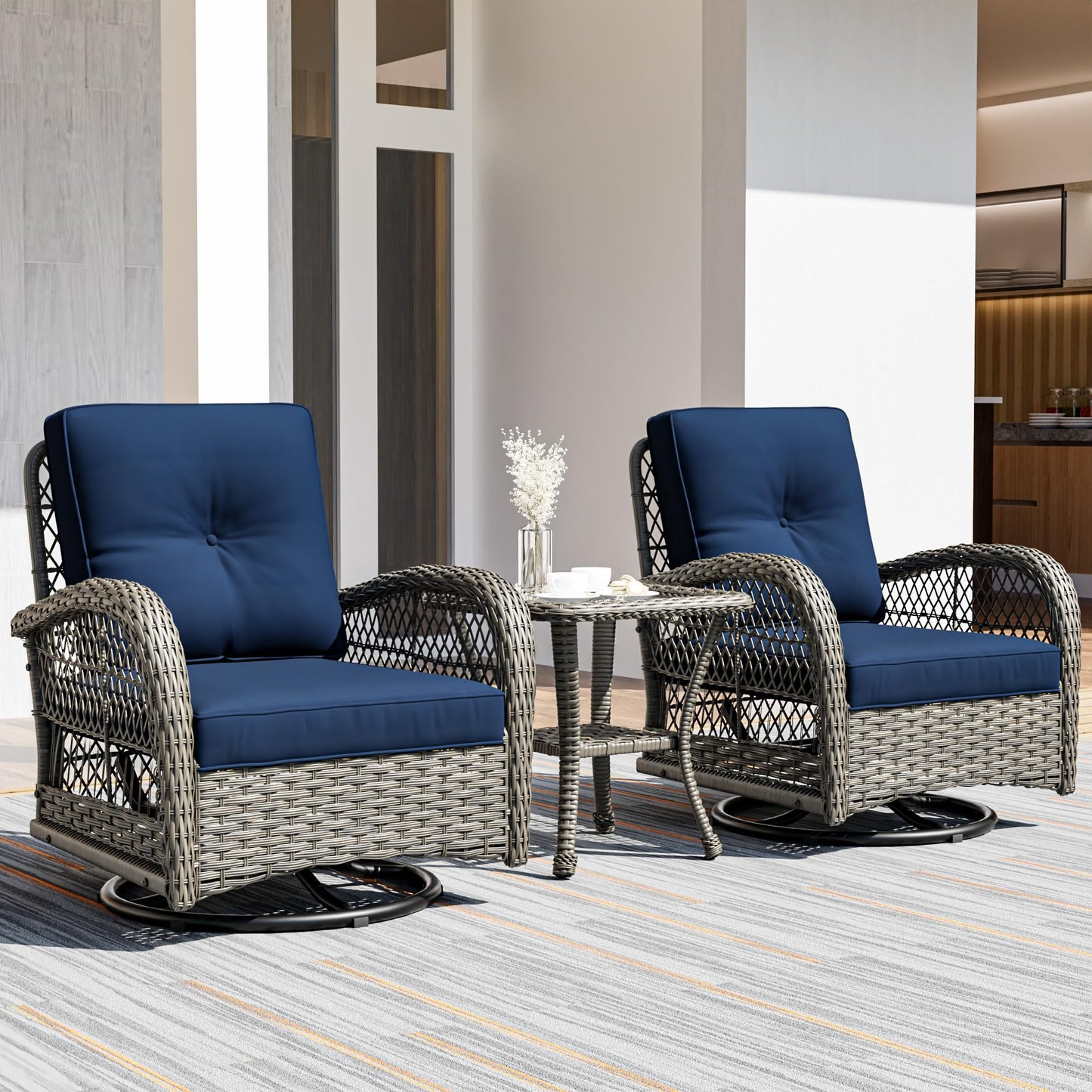 Joyside Patio Bistro Set, 3-Piece Outoodr Wicker Swivel Rocking Chair Set, Outdoor Patio Furniture Chair with Side Coffee Table & Durable Fabric Cushion(Brown/Beige)