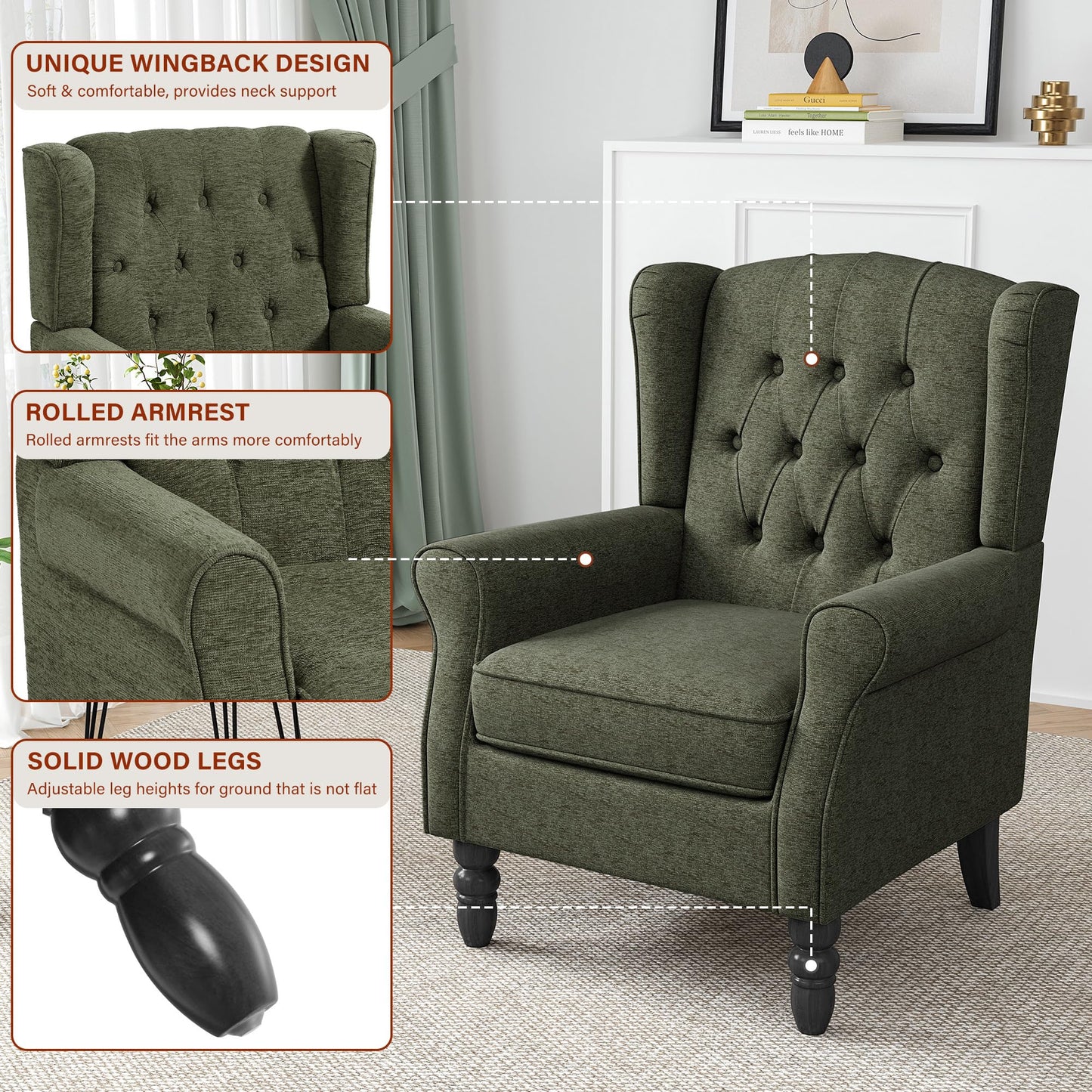 Faux Leather Wingback Chairs Set of 2, High Back Accent Chair for Living Room, Button-Tufted Upholstered Armchair with Solid Wood Legs, Comfy Reading Chair for Bedroom, Brown