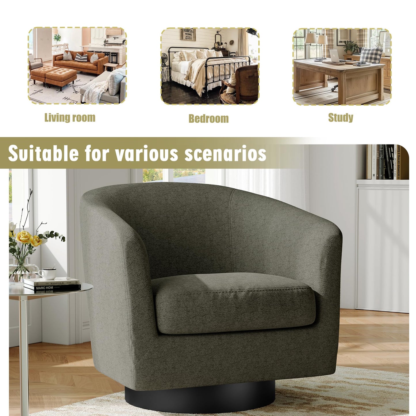 Swivel Barrel Accent Chairs Set of 2, Modern 360° Swivel Round Barrel Chair with Curve Back, Upholstered Velvet Fabric Armchair Single Sofa Club Chair for Living Room, Bedroom, Coffee
