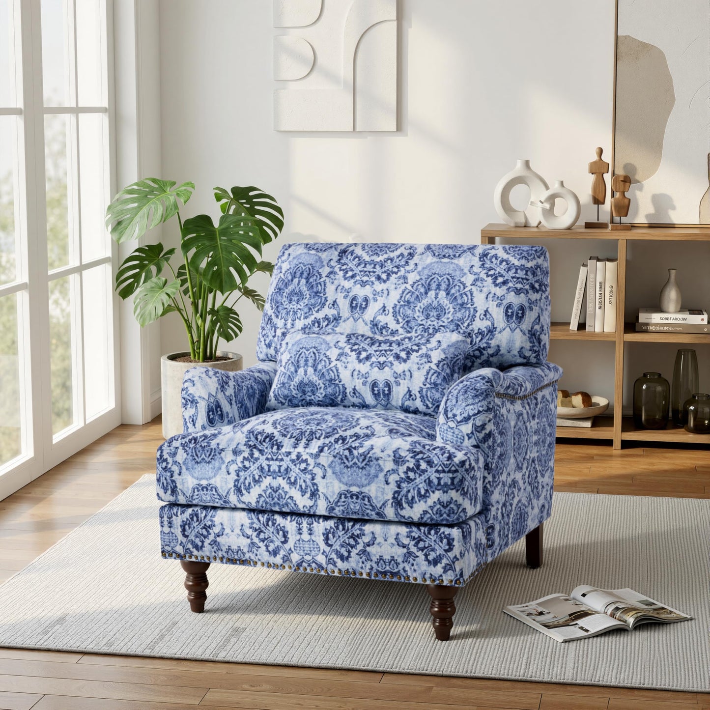 Accent Chair for Living Room, Upholstered Armchair with Nailhead Trim & Solid Wood Legs, Mid Century Modern Club Chair for Bedroom/Reading Room, Rococo Green