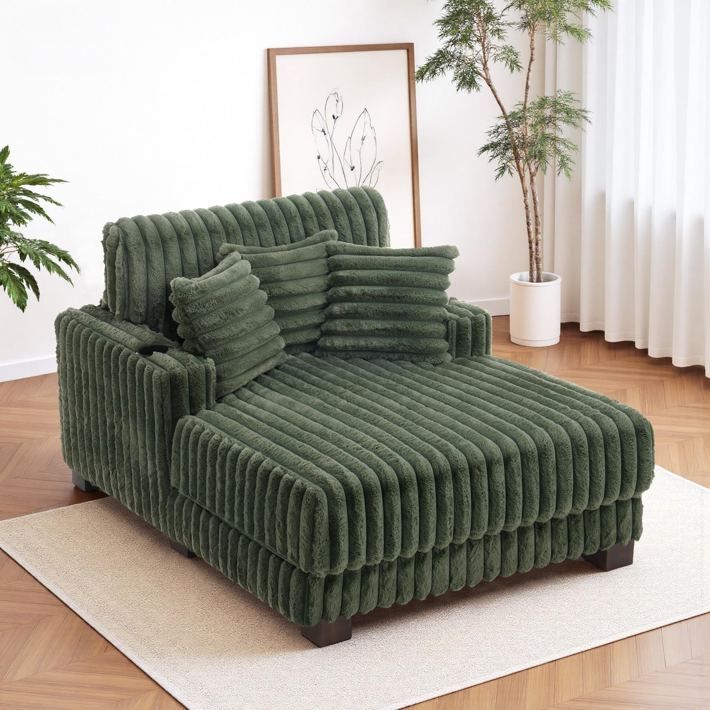 59" Chaise Lounge Chair Indoor, Upholstered Oversized Sleeper Sofa Bed Reading Chairs with 3 Soft Pillows & 2 Cup Holders, Comfy Cloud Deep Seat Sofa for Living Room Bedroom, Set of 2, Navy