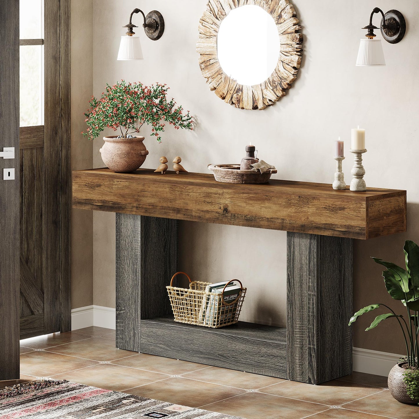 Tribesigns 63" Console Table, Farmhouse 2-Tier Entryway Table with U-Shaped Base, Narrow Long Wood Sofa Table Behind Couch Table for Living Room, Hallway, Foyer, Vintage Brown & Gray | Farmhouse