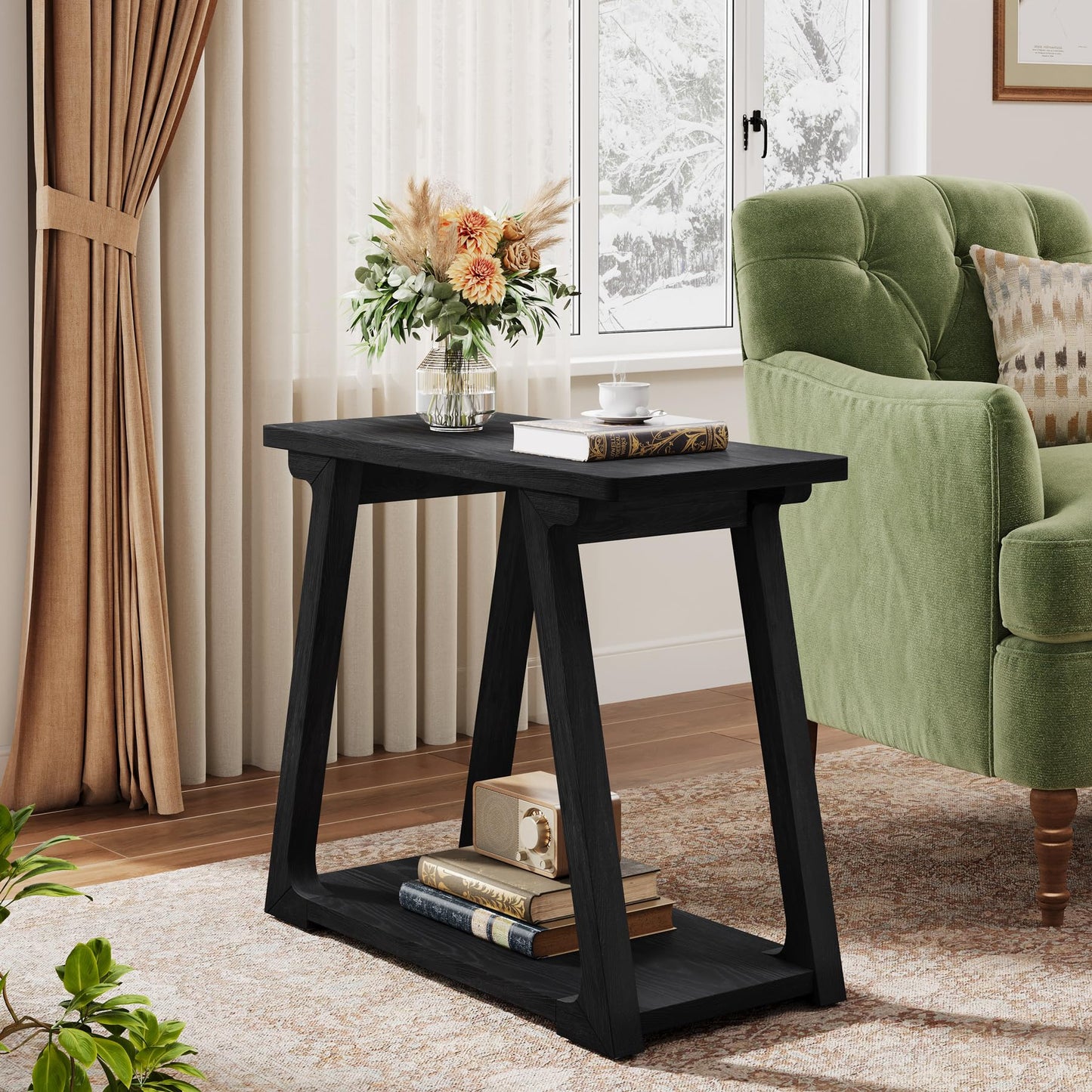2-Tier Solid Wood End Table, Narrow Side Table, Farmhouse Rectangle Nightstand for Living Room, Bedroom, Easy Assembly, Trapezoidal Base (2, Natural Brown)