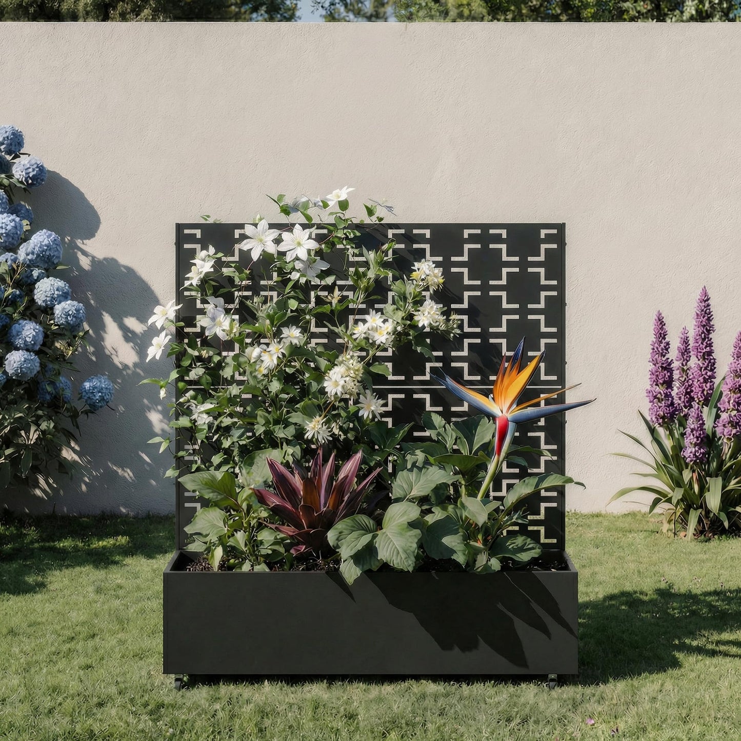 Metal Raised Garden Bed with Trellis and Wheels, 71"x47"x16" Planter Box with Privacy Screen & Drainage Holes, Arched Outdoor Garden Bed for Climbing Plants, Vegetables, Flowers (Black-Square)