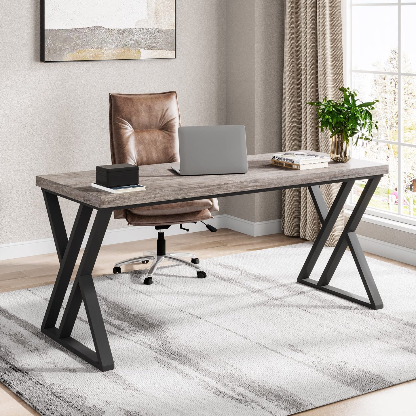 Tribesigns Modern Walnut/White 55" Heavy Duty Computer Desk, Study & Work Desk, 23.6"D x 55.1"W x 29.5"H, Z-Shaped Metal Legs, 330 lbs Capacity