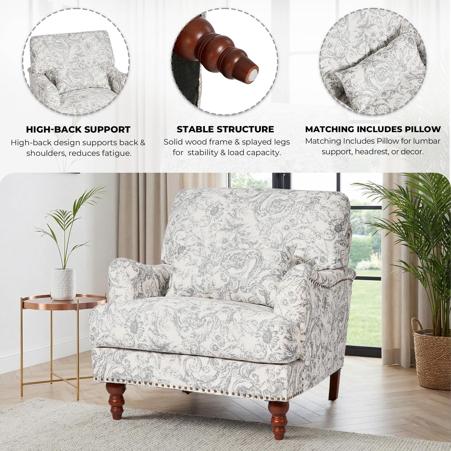Accent Chair for Living Room, Upholstered Armchair with Nailhead Trim & Solid Wood Legs, Mid Century Modern Club Chair for Bedroom/Reading Room, Rococo Green