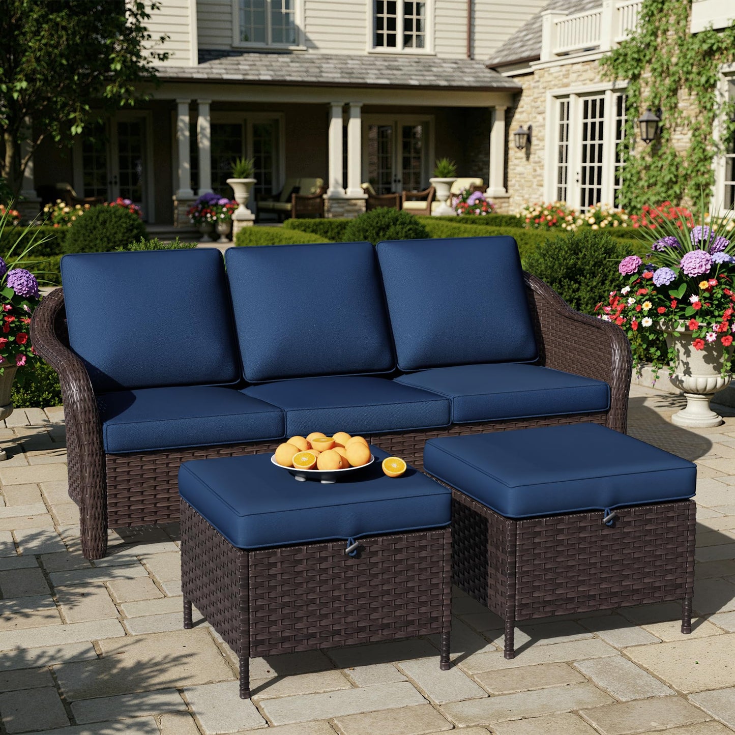 55 inch Outdoor Wicker 2 Seater Sofa, All-Weather Use Patio Rattan Loveseat with Seat and Back Cushion, Ideal for Porch, Backyard, Balcony, Poolside, Blue