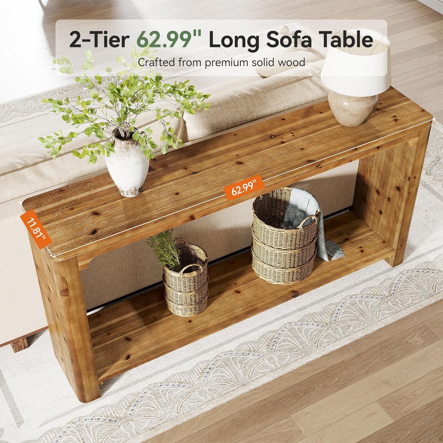 2-Tier Wooden Sofa Table, 63" Behind the Couch Table, Farmhouse Console Table, Solid Wood Entryway Table with Storage for Living Room, Entrance, Foyer, Hallway (Rustic Brown)