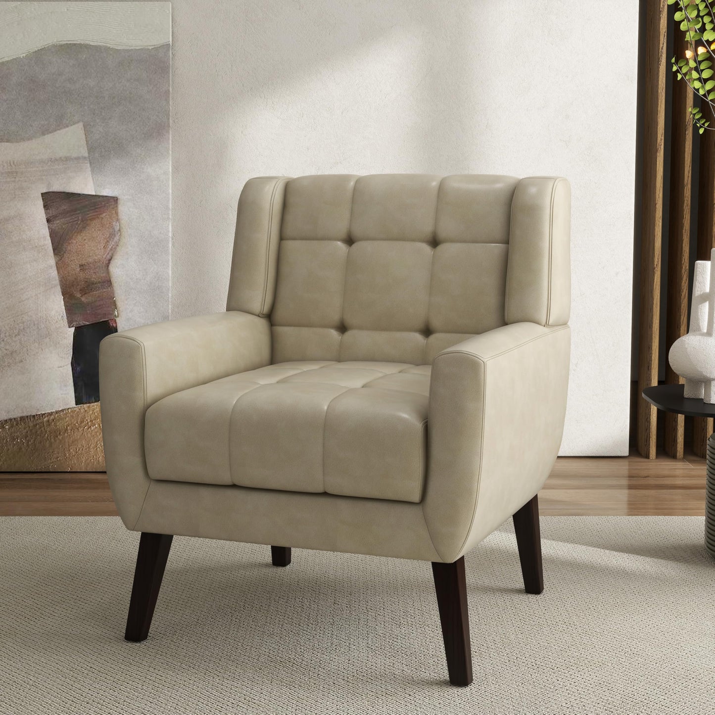 Faux Leather Accent Chairs Set of 2, Mid-Century Modern Upholstered Armchair, Comfy Living Room Chairs Reading Chairs with Button Tufted Back & Solid Wood Legs for Bedroom, Office, Black