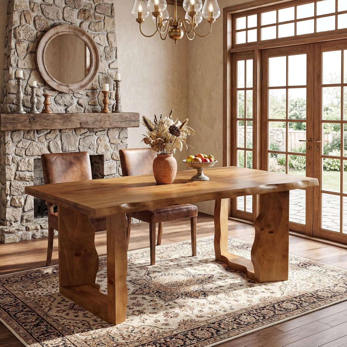 63" Live Edge Solid Wood Dining Table, Modern Rustic Kitchen Table with Sculptural Legs, 6-Person Rectangular Dinner Table for Dining Room, Kitchen,Natural Walnut Finish