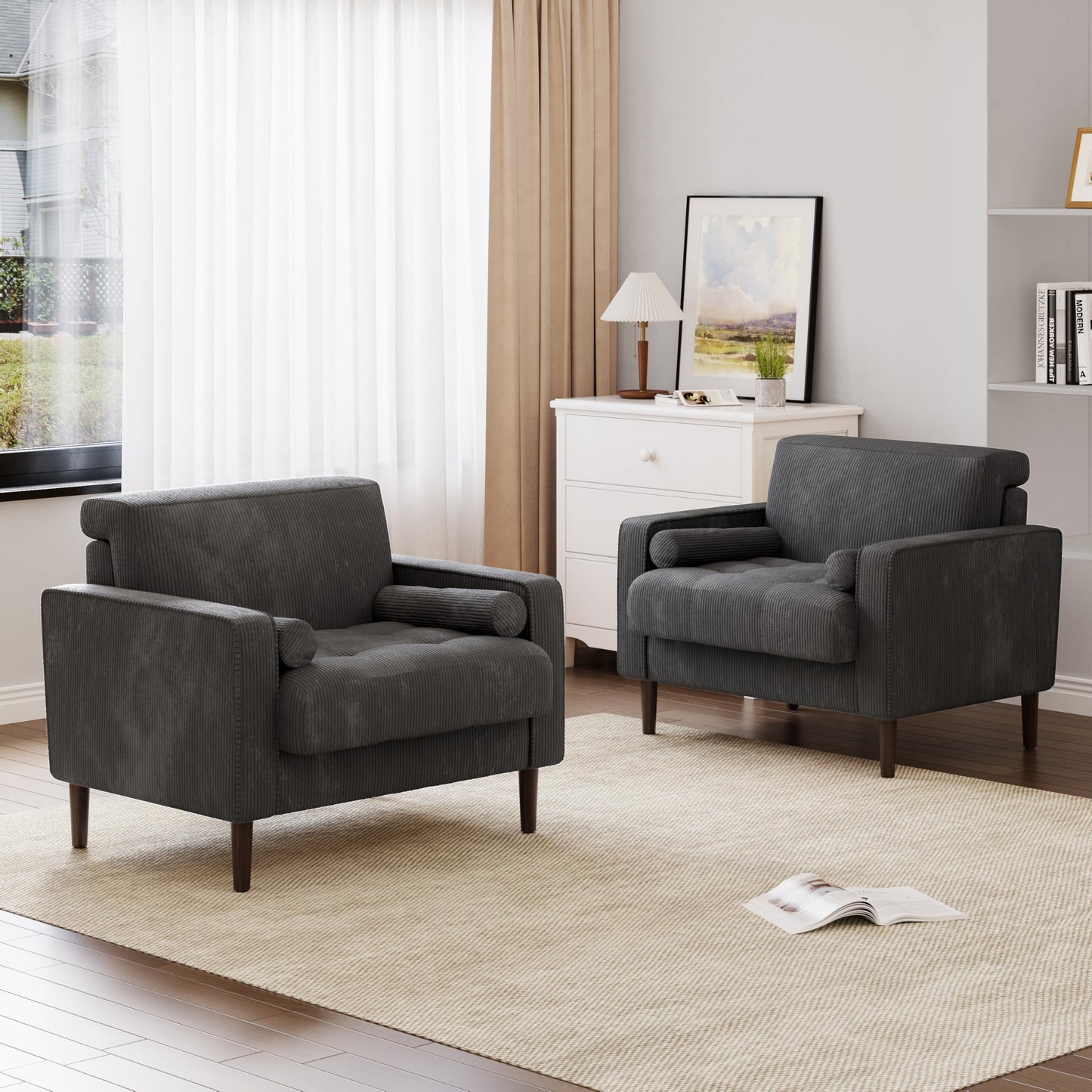 34.5" Arm Chair, Corduroy Fabric Modern Accent Chair, Comfy Upholstered Armchair Reading Chair with Solid Wood Legs for Living Room Bedroom Office, Yellow