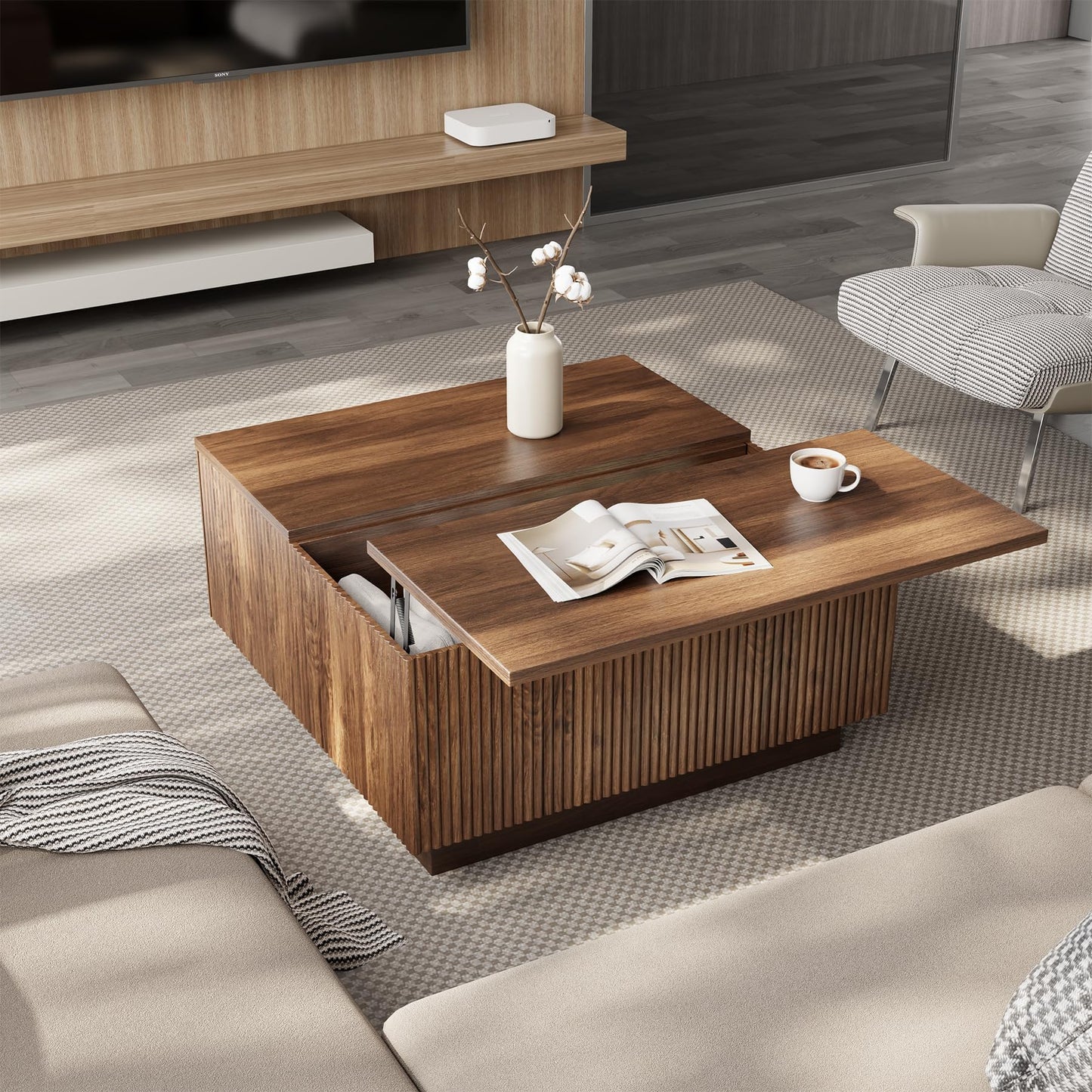 Epecoya Lift Top Coffee Table, Farmhouse Square Fluted Center Table, 31" Modern Wooden Tea Table with Hidden Storage for Living Room, Apartment, Small Spaces, Brown Walnut