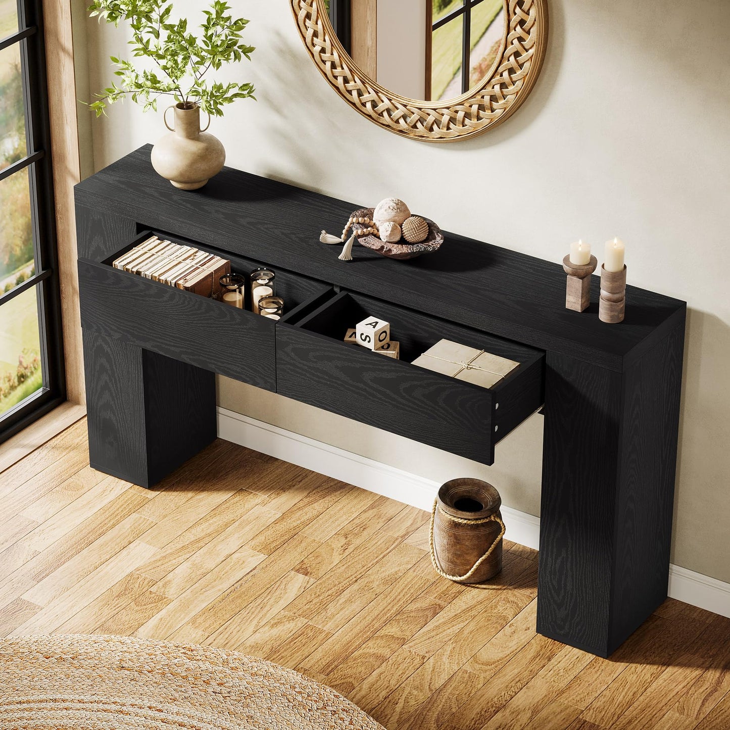 Tribesigns 63-Inch Wooden Console Table with 2 Hidden Drawers, Farmhouse Rustic Brown Sofa Table for Living Room, Hallway, Entrance, Foyer, Easy Assembly (Brown)
