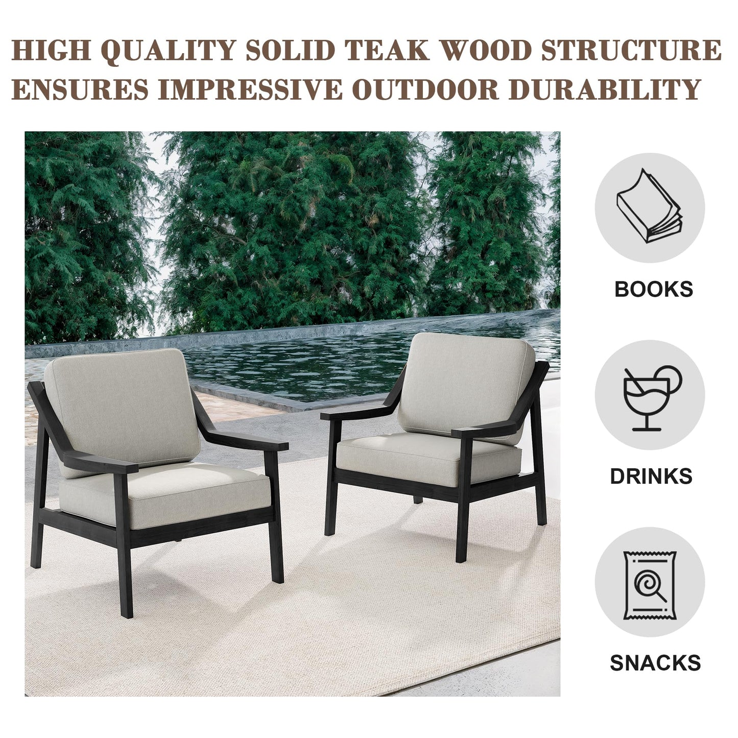 Outdoor Patio Furniture Set, 2 Piece Outdoor Patio Sofa Armchairs with Washable Thick Cushions, All-Weather Solid Wood Patio Bistro Set for Porch, Balcony, Natural Frame & Beige Cushion