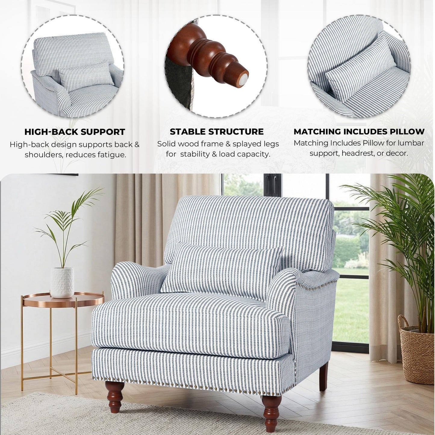 Accent Chair for Living Room, Upholstered Armchair with Nailhead Trim & Solid Wood Legs, Mid Century Modern Club Chair for Bedroom/Reading Room, Rococo Green