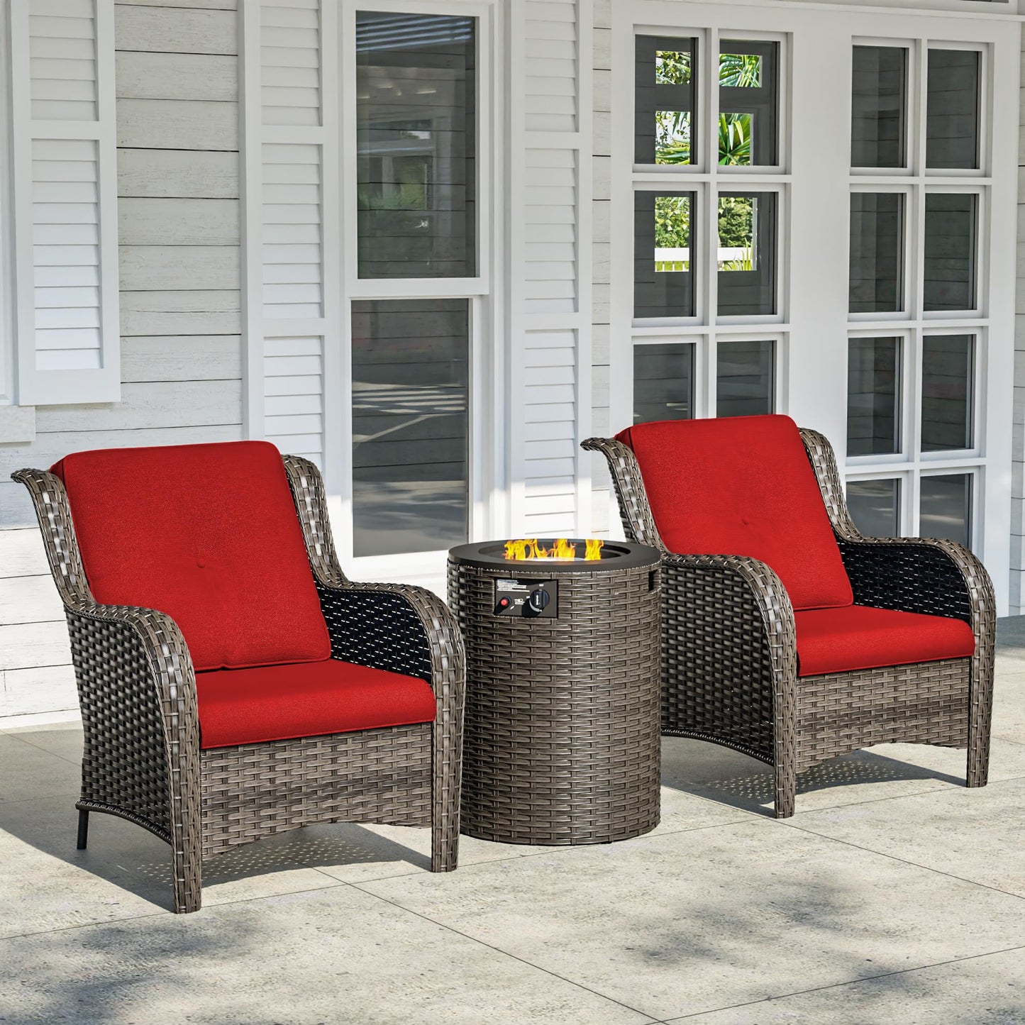 Joyside Patio Furniture Set with Fire Pit Table, 3 Piece Outdoor Wicker Conversation Sets with High Back, Thickened Cushions, Rattan Sectional for Porch, Lawn Use (Red)
