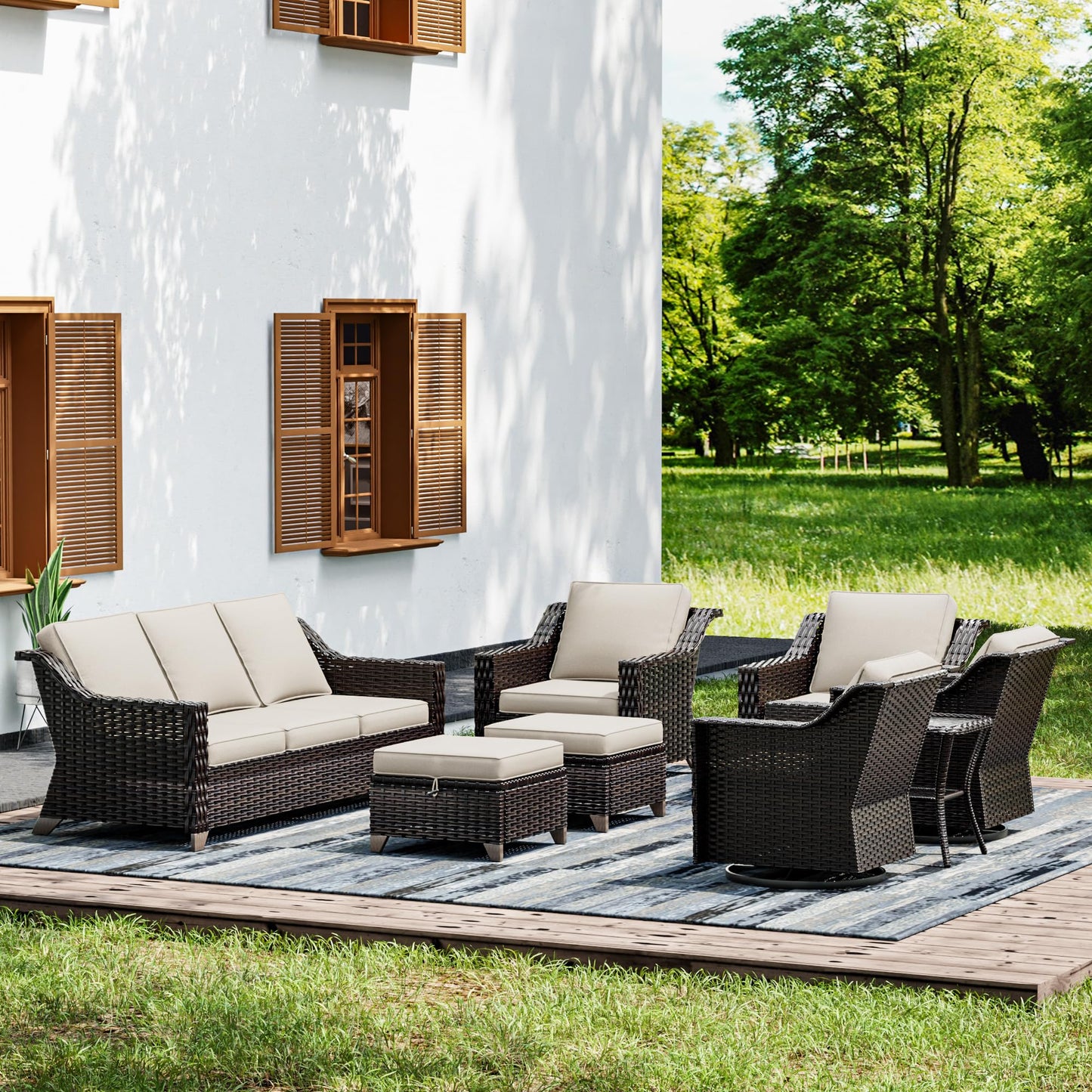 Joyside Patio Sofa - 3 Seater Rattan Sofa, All Weather High Back Sofa, Upgraded Large Size with 4inch Seat Cushions for Backyard, Garden, Poolside (Brown/Blue)