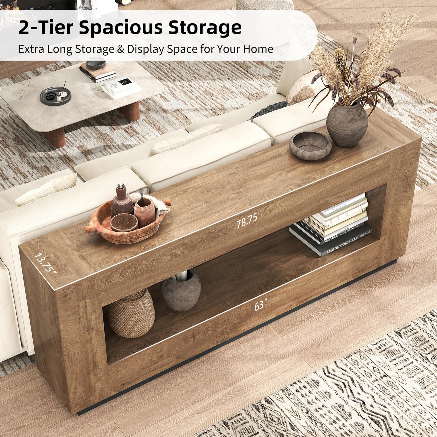 Epecoya 78 Inch Extra Long Console Table for Entryway, 2-Tier Wood Sofa Table Behind Couch with Storage Shelf, Farmhouse Entrance Table with Thickened Base for Living Room, Foyer, Hallway, Oak Brown