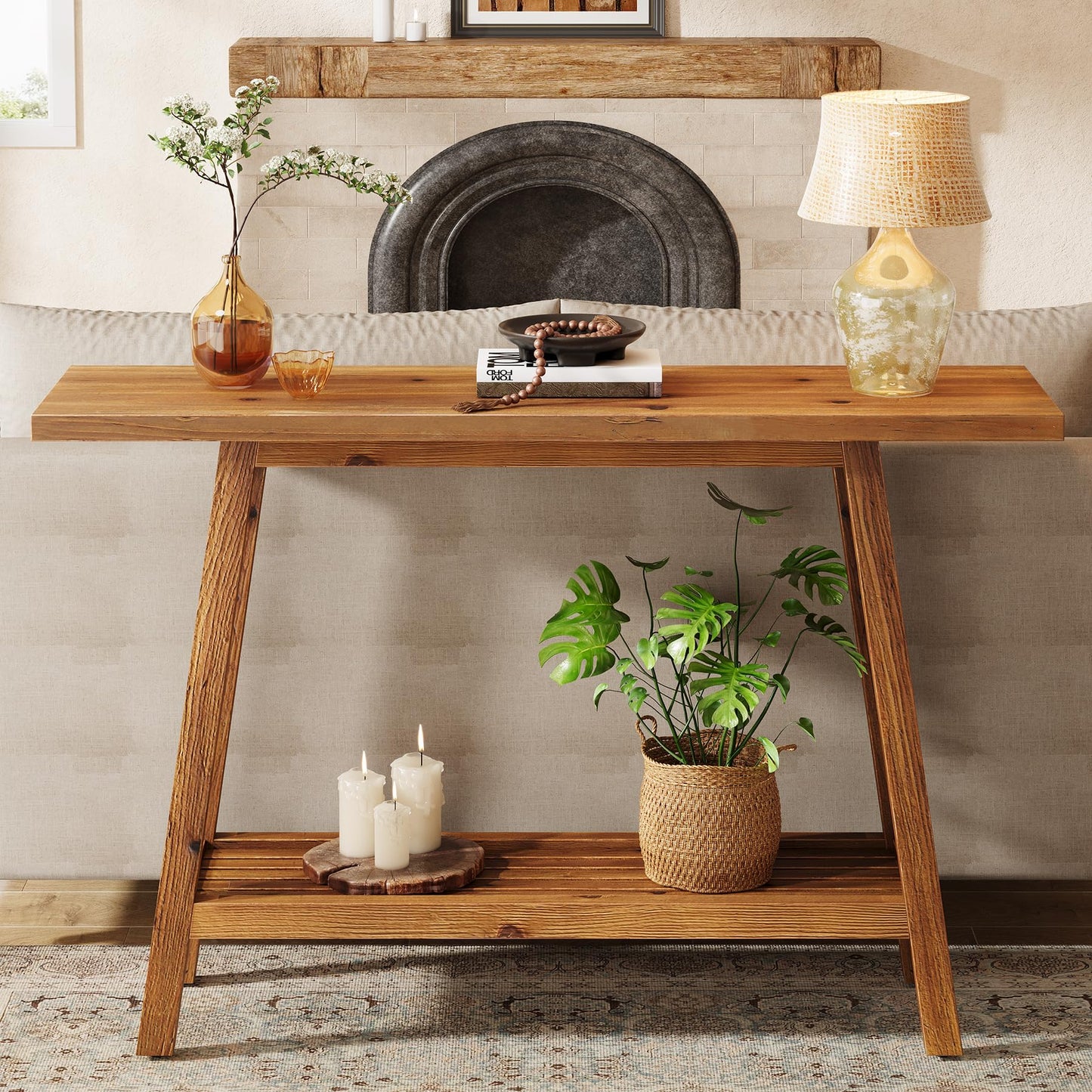Solid Wood Console Table, 41.3" Rustic Entryway Table with Storage Shelf, 2 Tiers Narrow Skinny Couch Table Behind Sofa for Hallway, Entrance, Foyer, Living Room, Brown (Brown)