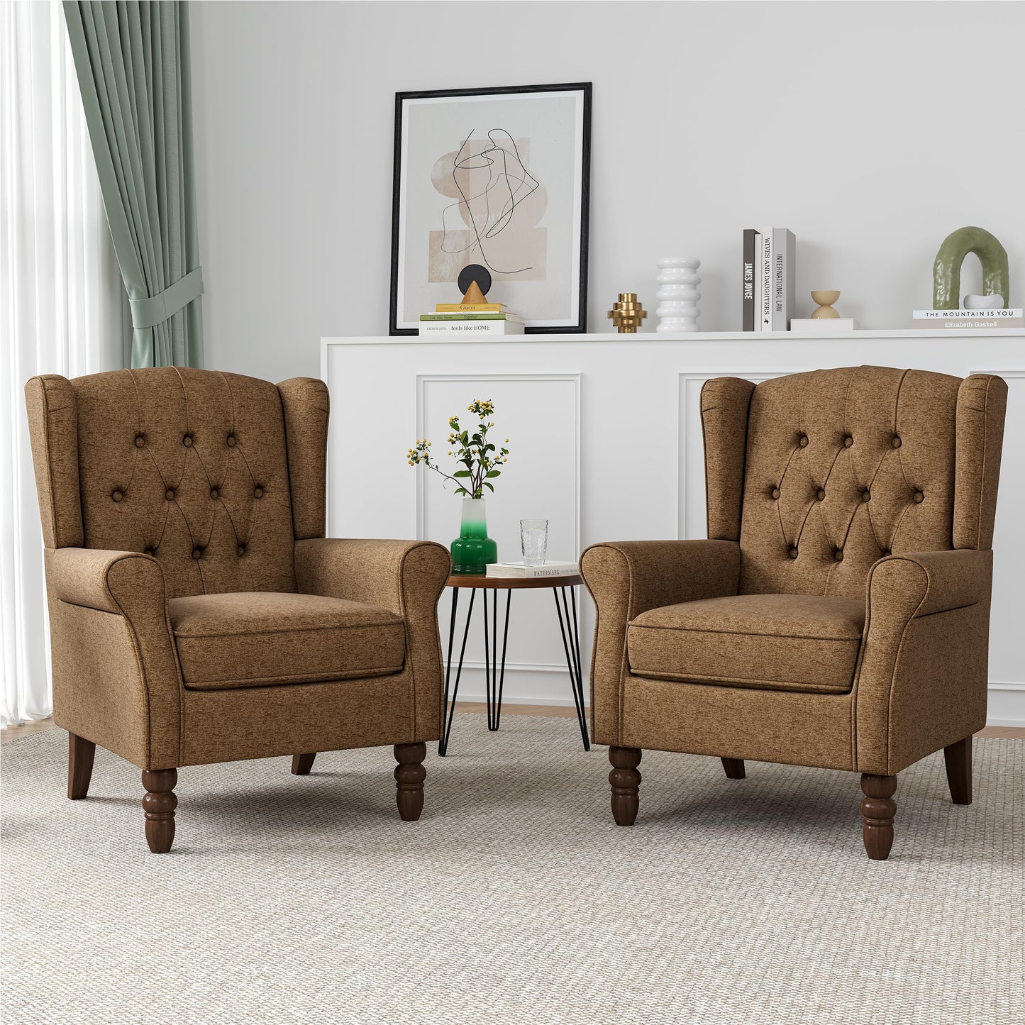 Faux Leather Wingback Chairs Set of 2, High Back Accent Chair for Living Room, Button-Tufted Upholstered Armchair with Solid Wood Legs, Comfy Reading Chair for Bedroom, Brown