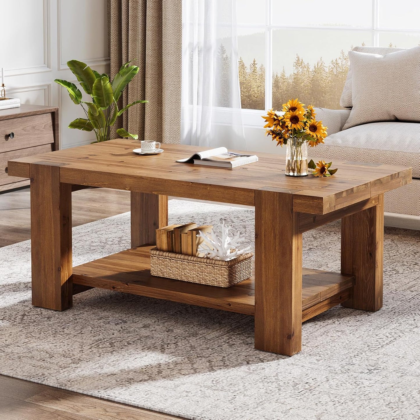 Solid Wood Coffee Table with 2-Tier Storage Shelf, 47.2" Farmhouse Rectangle Center Table Furniture for Living Room, Apartment, Office, Rustic Brown