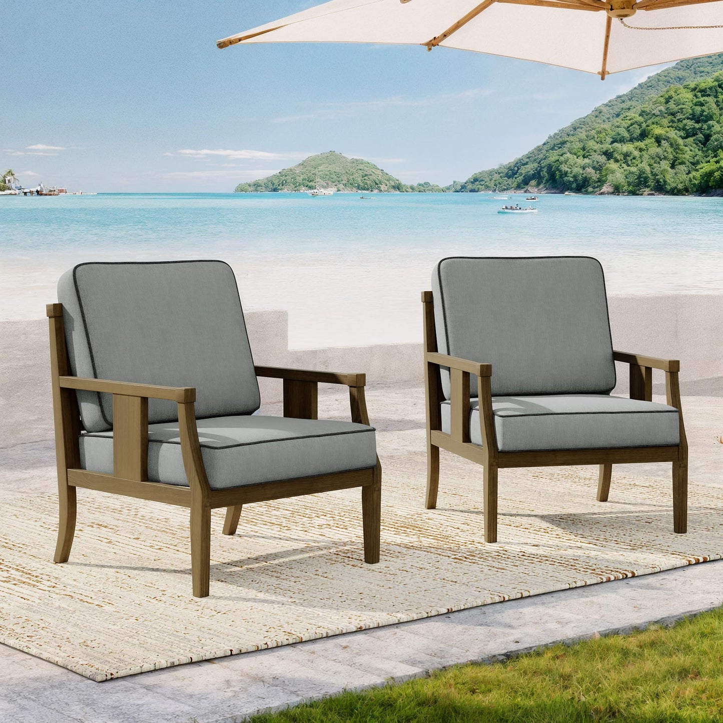 Outdoor Patio Armchairs Set of 2, All-Weather Solid Wood Patio Furniture Sets, Outdoor Sofa Chairs with Washable Thick Cushions for Porch, Balcony, Deck, Black Frame & Gray Cushion