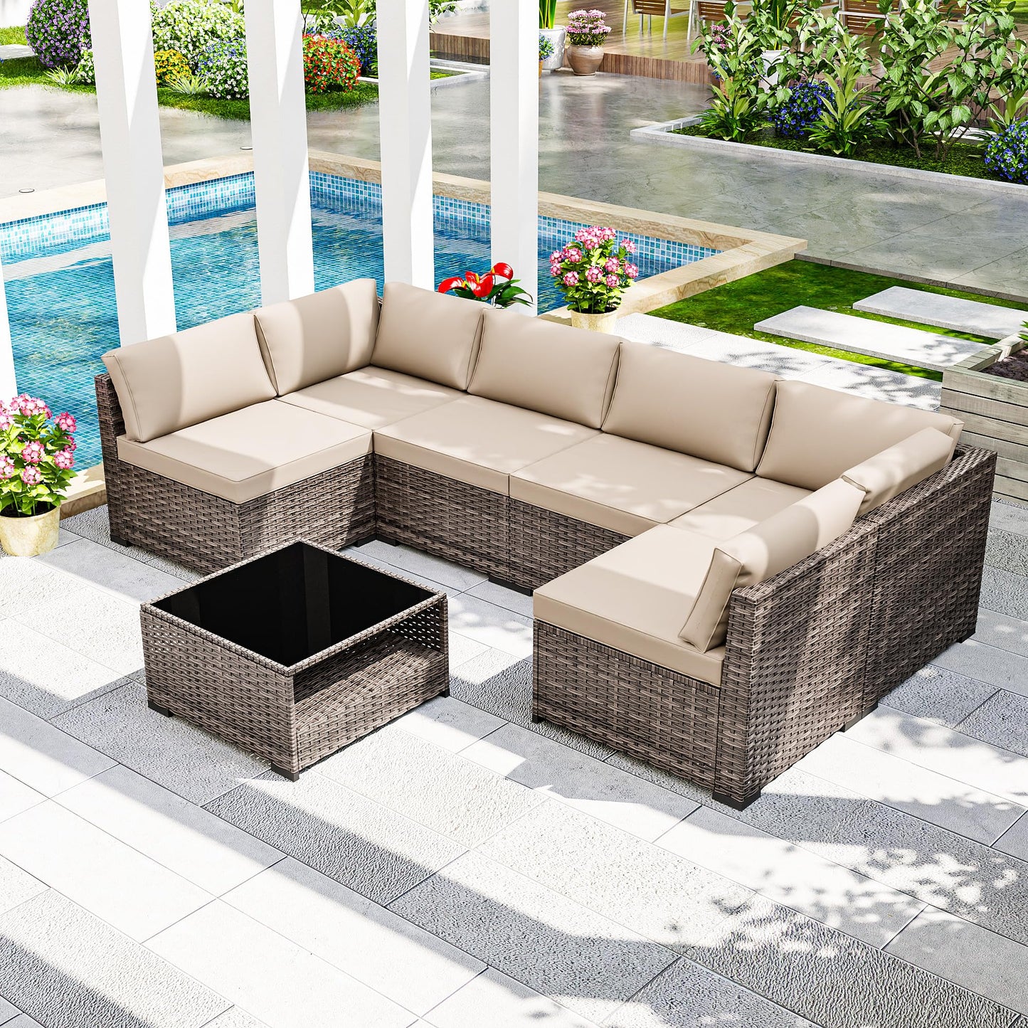 Joyside 5-Piece Patio Furniture Set, Rattan Outdoor Sectional Wicker Patio Conversation Set with Cushions and Coffee Table