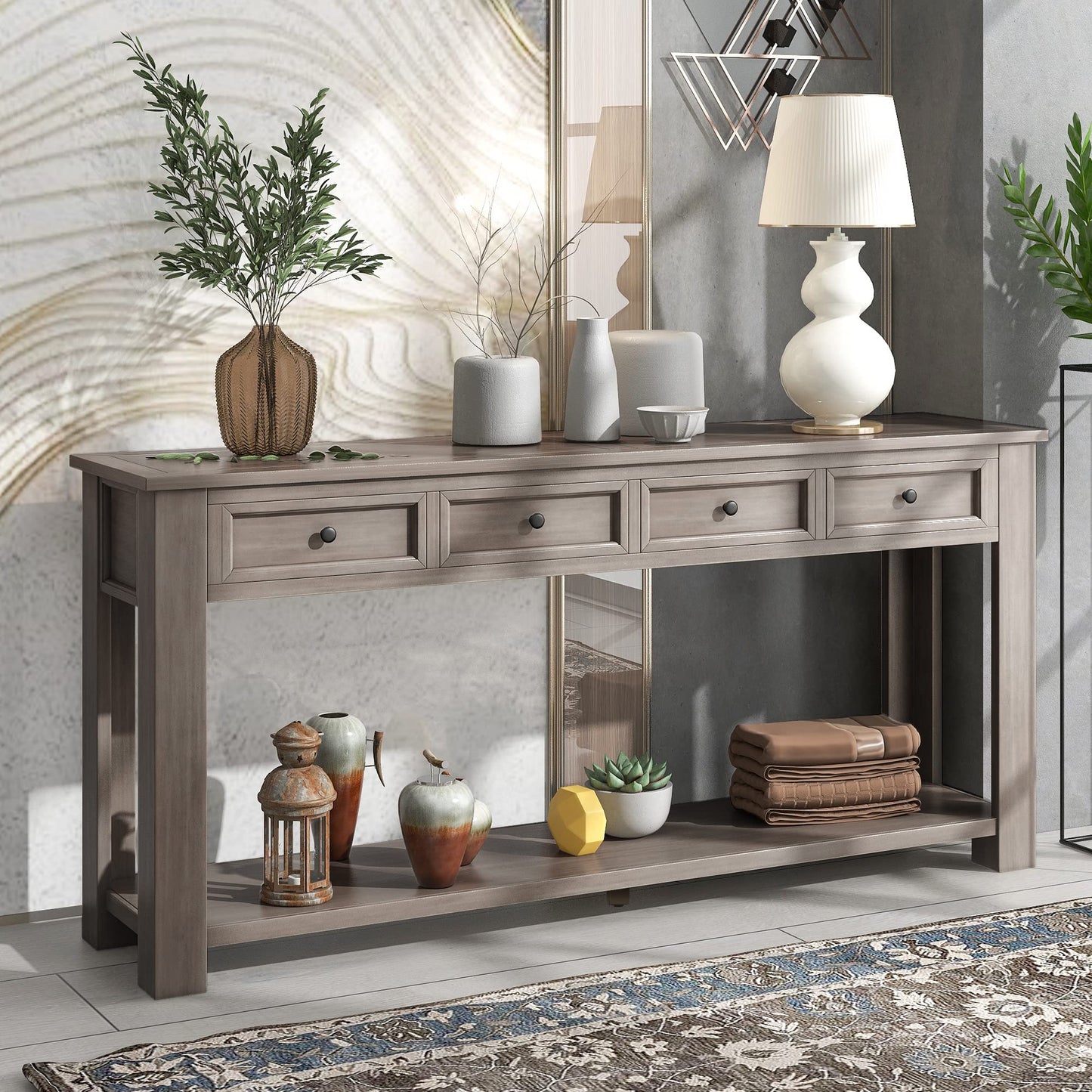 LKTART 63" Solid Wood Console Table Sofa Table with Storage Drawers and Bottom Shelf,Farmhouse Entryway Table for Hallway Foyer,Living Room,Easy Assembled (63" Espresso)