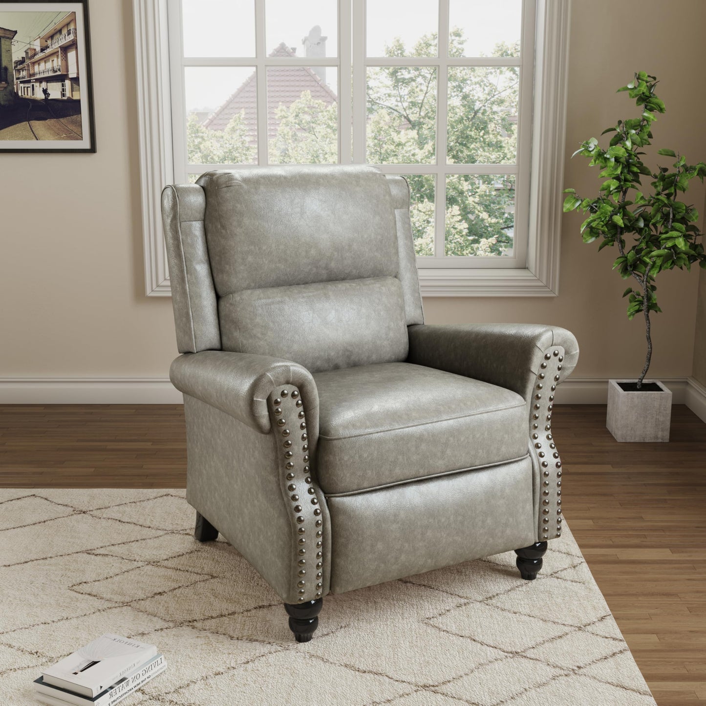 Pushback Recliner Chairs Set of 2, Comfy Fabric Wingback Recliner Chair, Upholstered Armchair Push Back Recliner with Wood Legs, Rivet Trim Accent Chair for Living Room, Bedroom, Blue Stripe