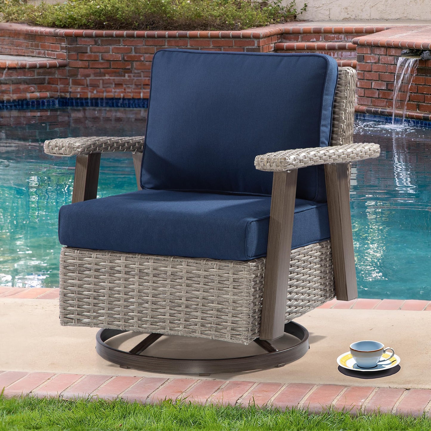 Joyside Patio Chair - Outdoor 360 Degree Swivel Rocker Chair with Durable Fabric Cushion and Ergonomic Structure, Patio Wicker Dining Chair(Grey/Dark Blue)