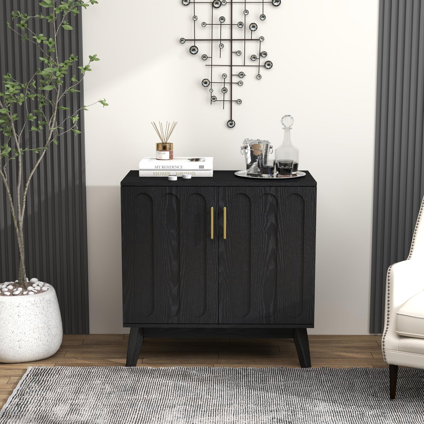 LKTART Mid Century Modern Storage Cabinet with Rattan Sliding Doors and Open Shelves, Boho Style Wooden Sideboard Buffet for Living Room,Dark Walnut