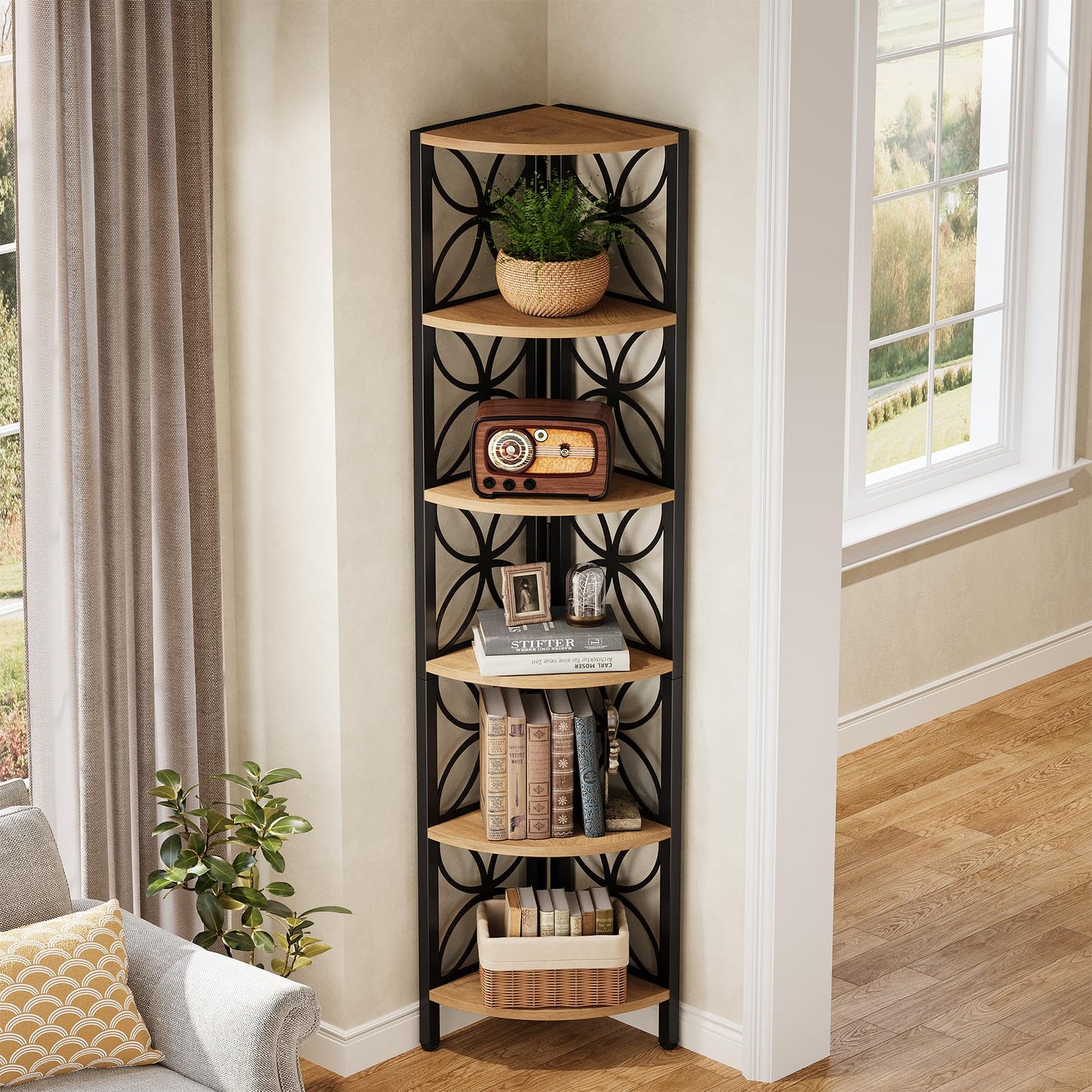 Tribesigns 6-Tier Corner Shelf, 70.9" Rustic Corner Bookshelf Display Shelf for Living Room, Wooden Shelving Unit Plant Stand Storage Rack for Bedroom, Bathroom, Small Space, Rustic Brown