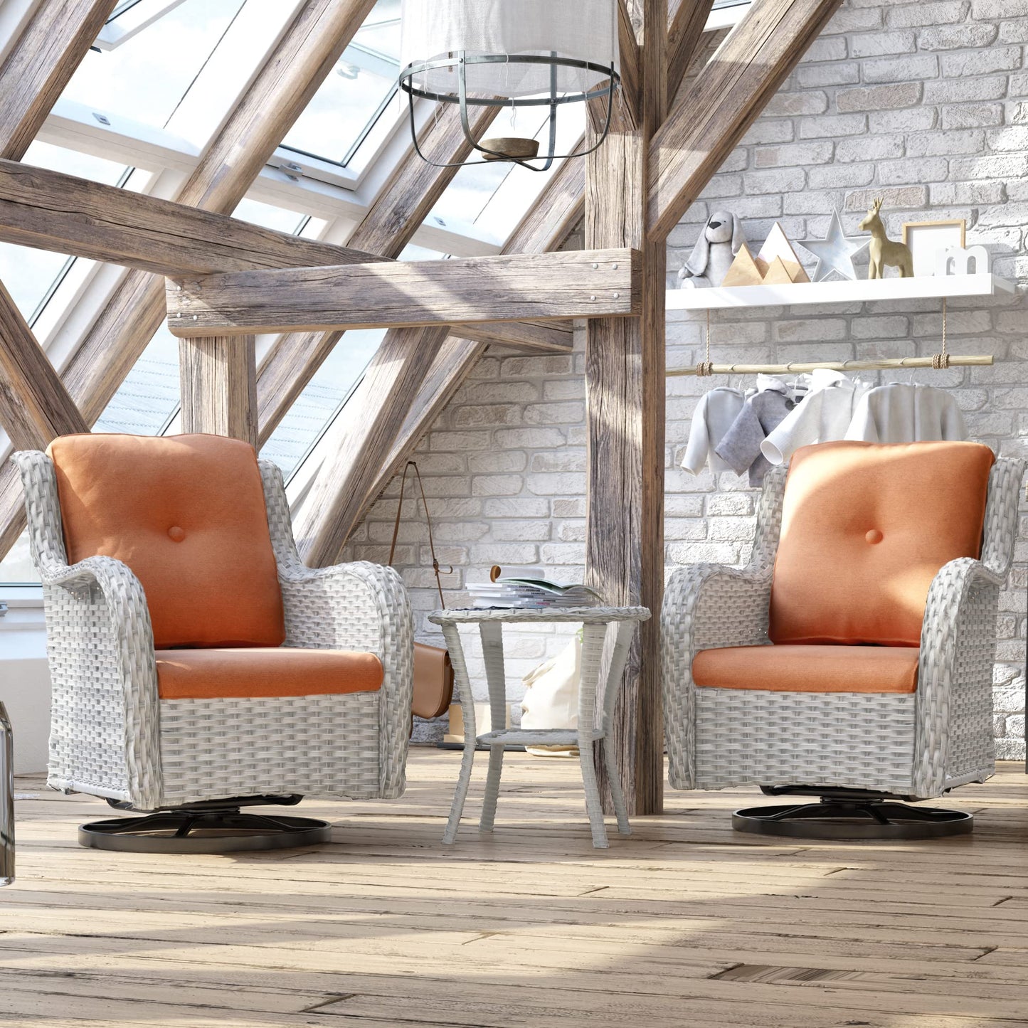 Joyside Outdoor Swivel Rocker Patio Chairs Set of 2 and Matching Side Table - 3 Piece Wicker Patio Bistro Set with Premium & Soft Fabric Cushions(Light Grey/Red)
