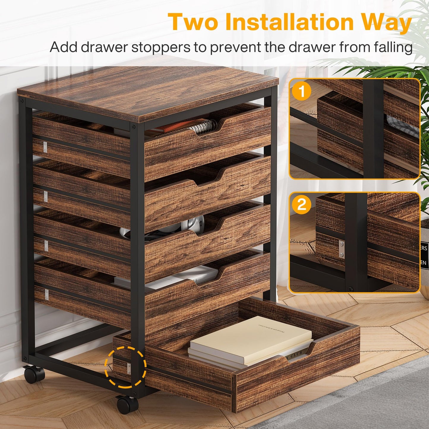 Tribesigns 5 Drawer Chest, Wood Storage Dresser Cabinet with Wheels, Industrial Storage Drawer Organizer Cart for Office Bedroom Entryway (Rustic Brown, 1 PC)