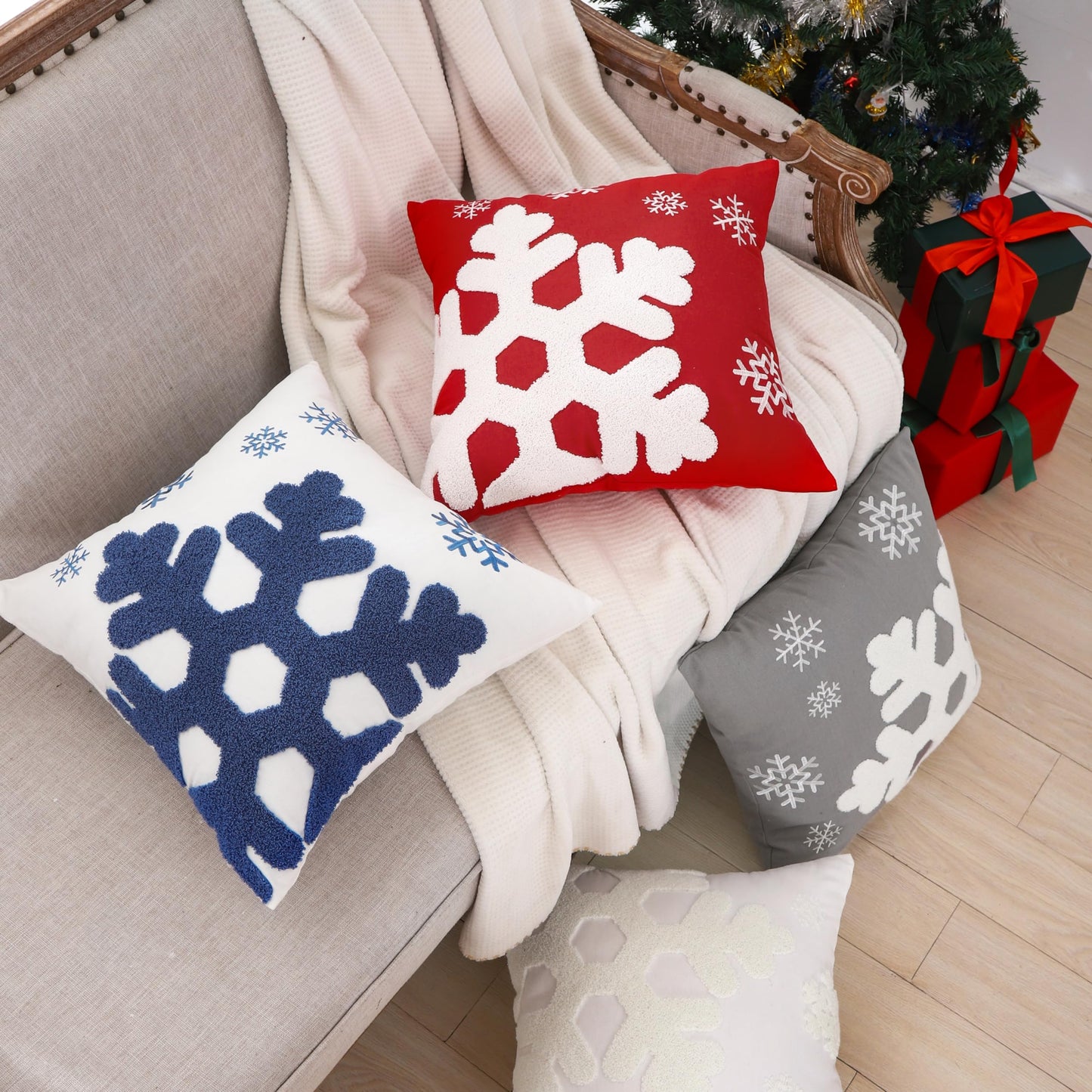 VAKADO Christmas Throw Pillow Covers 18x18 Set of 2 Embroidered Snowflake Decorative Xmas Cushion Cases Holiday Soft Home Decor for Bedroom Sofa Chair Porch Winter, Blue