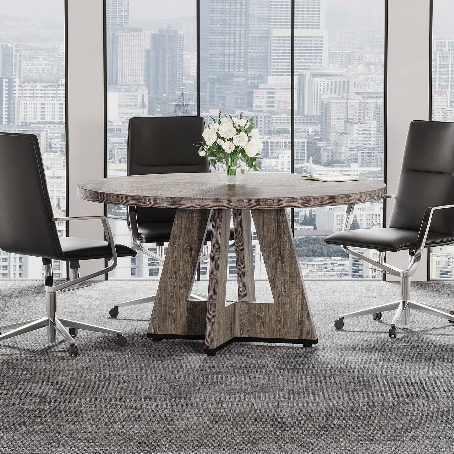 Tribesigns 47-Inch Round Conference Table for 4-6 People, Wooden Meeting Room Table with Thicken Tabletop and Wood Base (Grey)