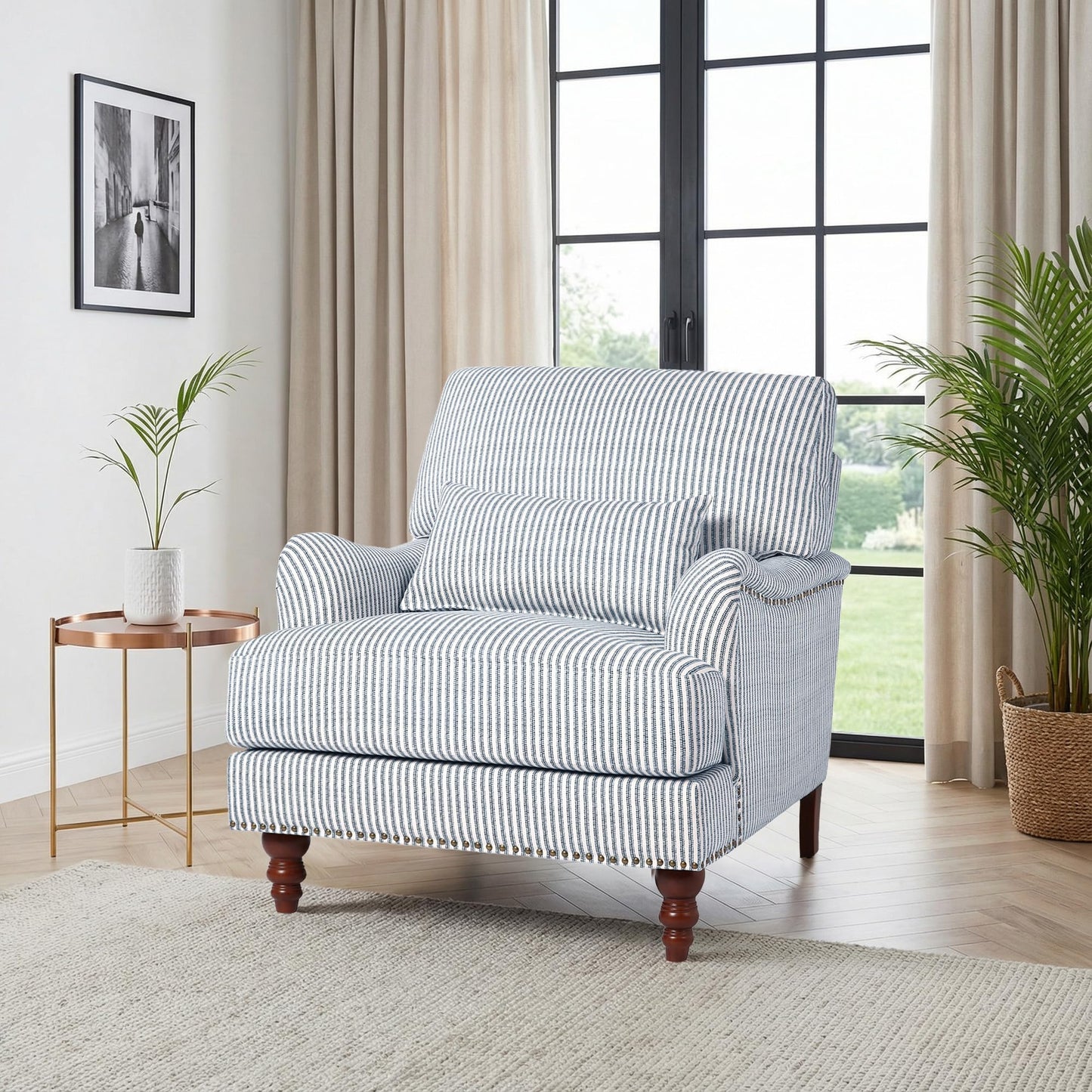 Accent Chair for Living Room, Upholstered Armchair with Nailhead Trim & Solid Wood Legs, Mid Century Modern Club Chair for Bedroom/Reading Room, Rococo Green