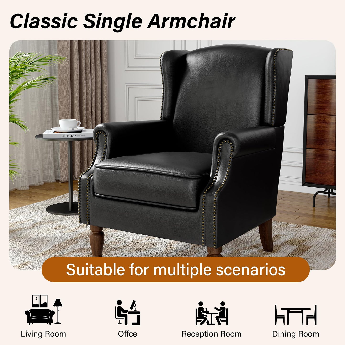 Floral Wingback Accent Chair, High Back Upholstered Armchair, Comfy Fabric Wingback Arms Chairs with Solid Wood Legs, Single Sofa Reading Chair for Bedroom Living Room, Beige
