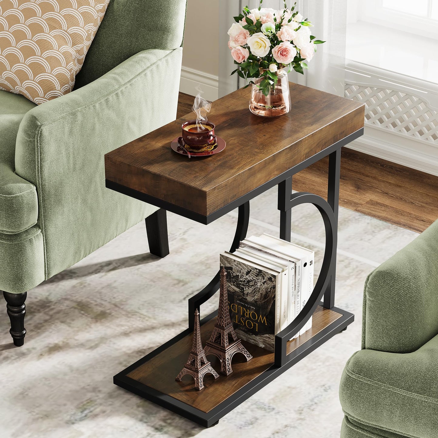 Tribesigns Narrow Side Table for Couch, C Shaped End Table with Metal Frame, Modern Bedside Tables, Small Sofa Tables for Small Spaces, Living Room (1, Brown+Black)
