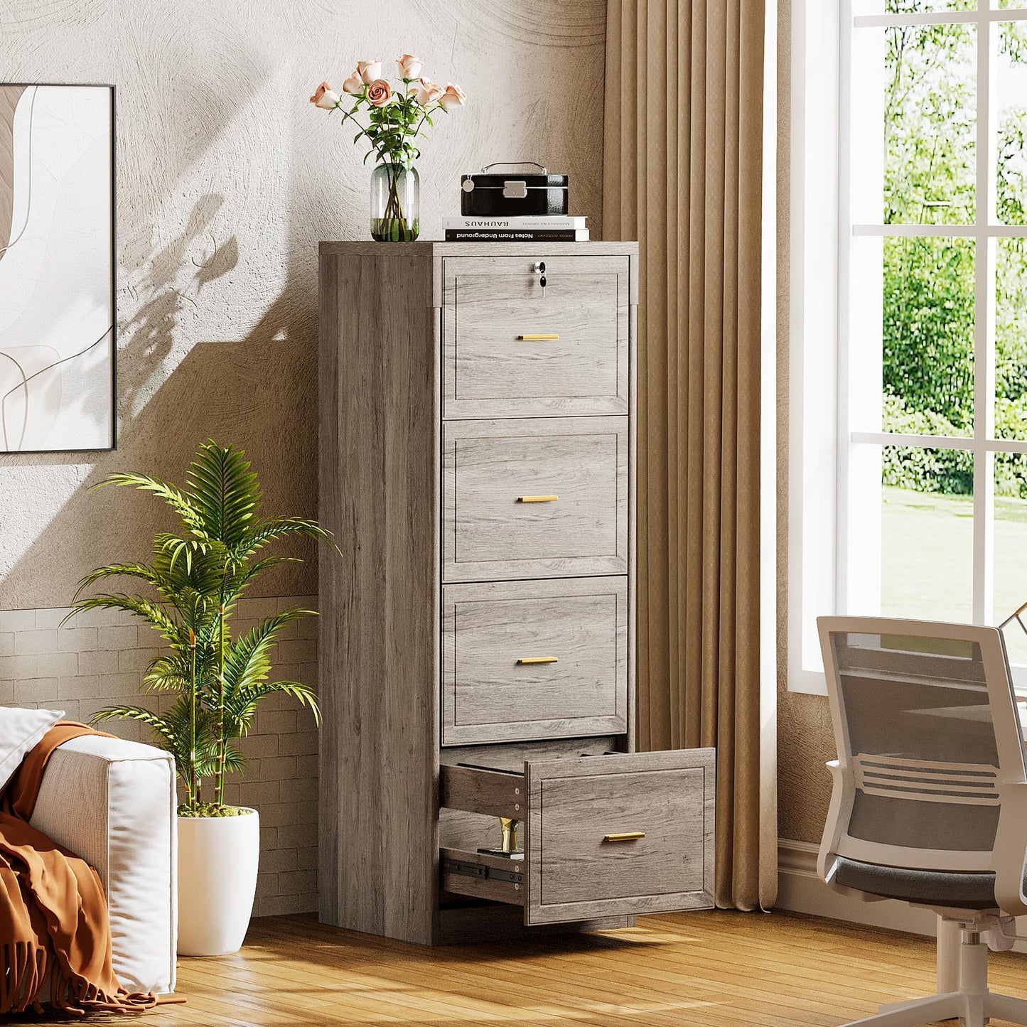 Tribesigns 4-Drawer File Cabinet with Lock, Locked File Cabinet with Key, Tall Wooden Filing Cabinets for Home Office, Vertical Office Storage for Legal Size/Letter/A4/Files, Brown