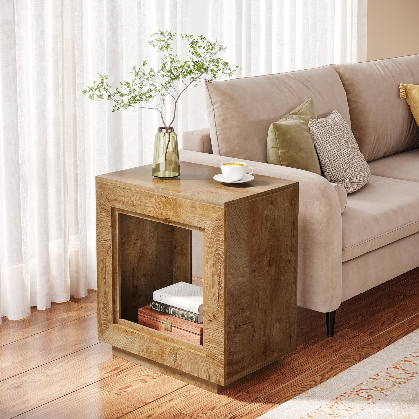 Tribesigns Rustic Wood End Table, 2 Tiered Square Side Table with Storage Shelf, Industrial Sofa Side Table for Living Room, Entrance (Rustic Brown) (1)