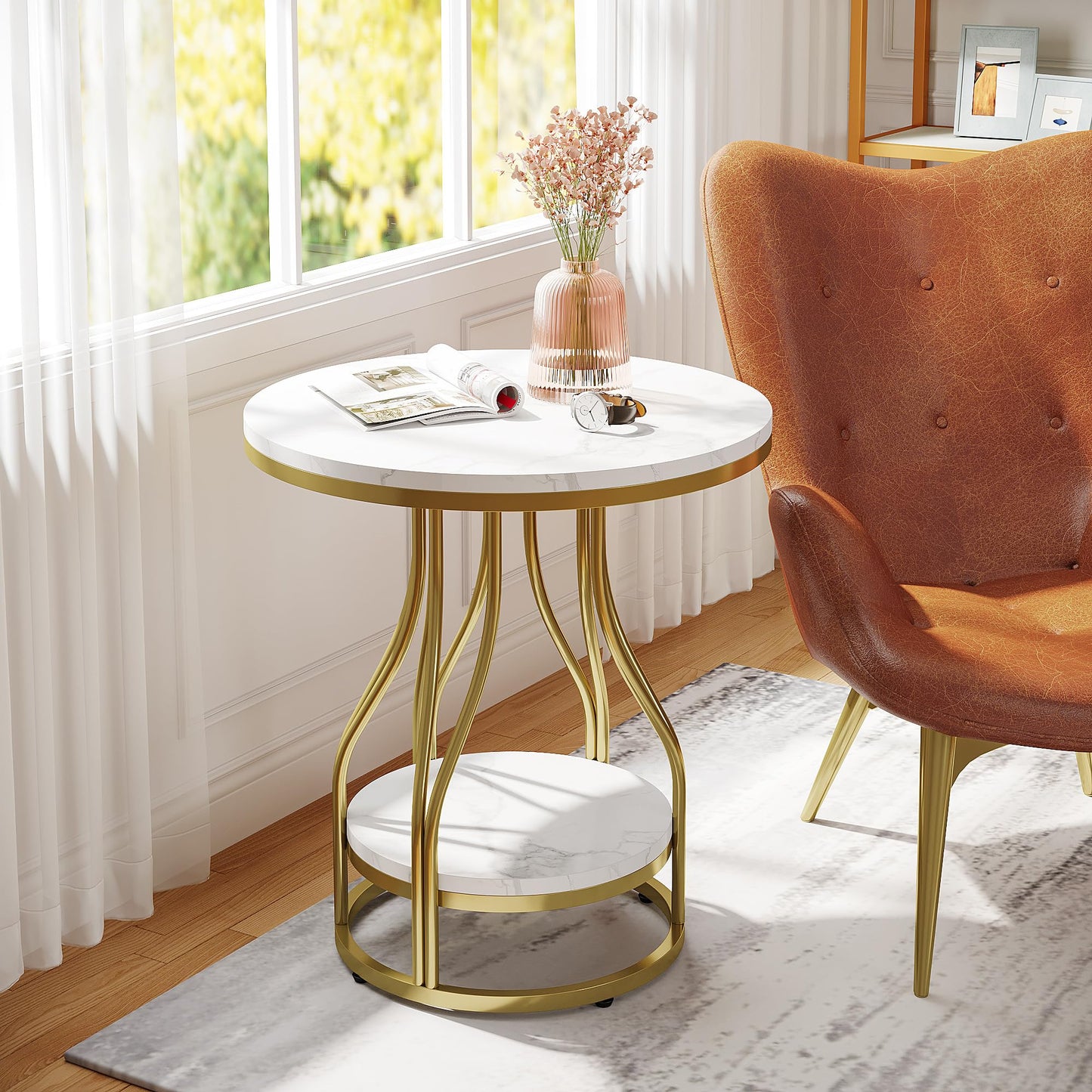Tribesigns Round Side End Table 2-Tier End Tables Modern Bedside Table Small Chairside Tables with Storage for Couch Side, Nightstand with Metal Frame for Living Room (1, White+Gold)