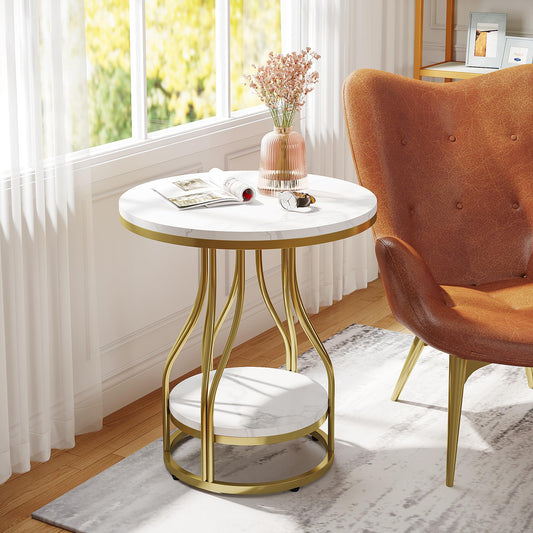 Tribesigns Round Side End Table 2-Tier End Tables Modern Bedside Table Small Chairside Tables with Storage for Couch Side, Nightstand with Metal Frame for Living Room (1, White+Gold)