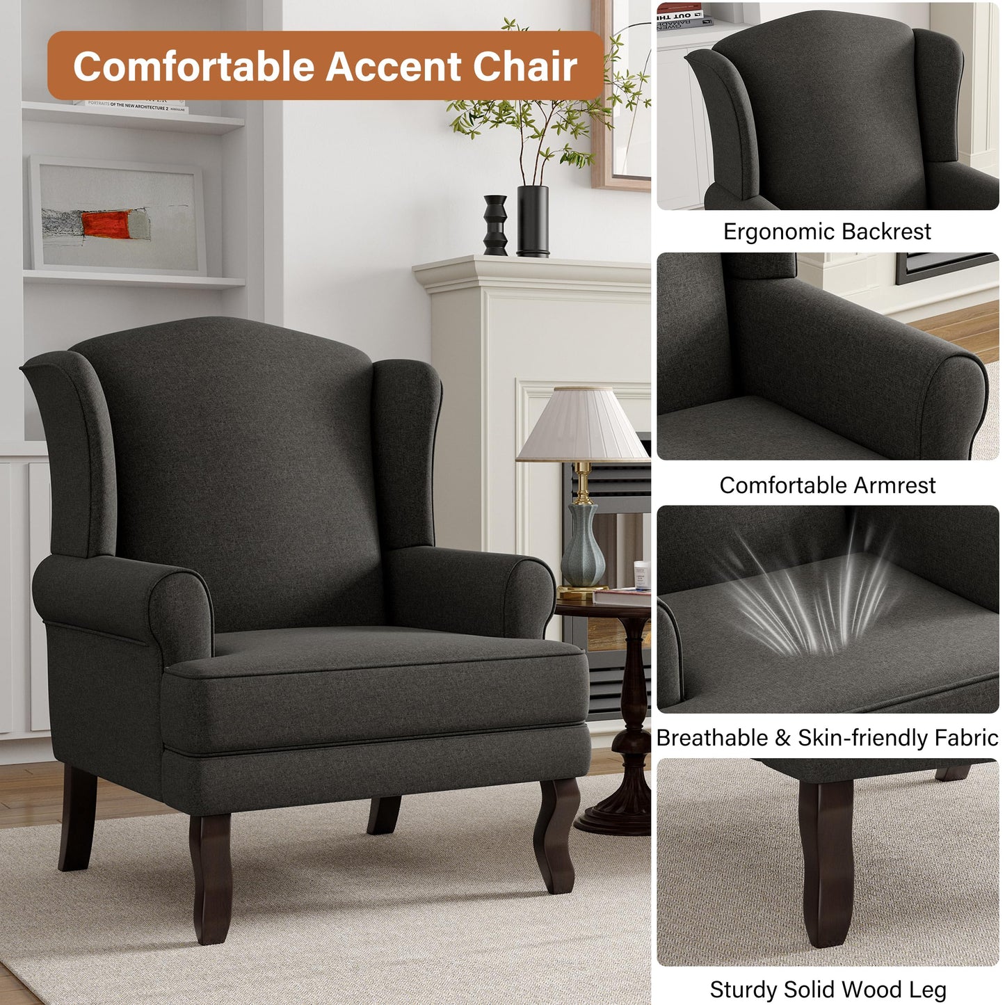 High Back Accent Chair, Comfy Upholstered Fabric Armchair for Living Room, Mid Century Modern Club Accent Chair with Curved Armrests and Solid Legs, Single Sofa Reading Chair for Bedroom, Cranberry
